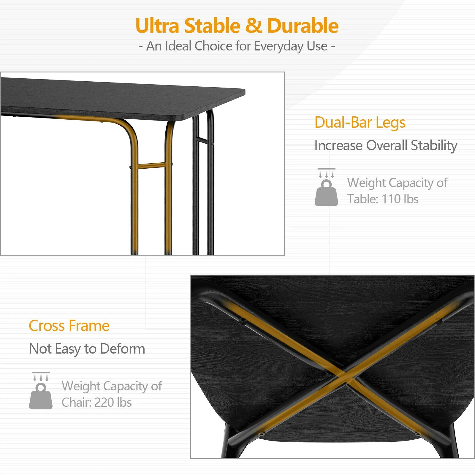 5 Piece Wood Rectangular Dining Table Set, Black - Image 10