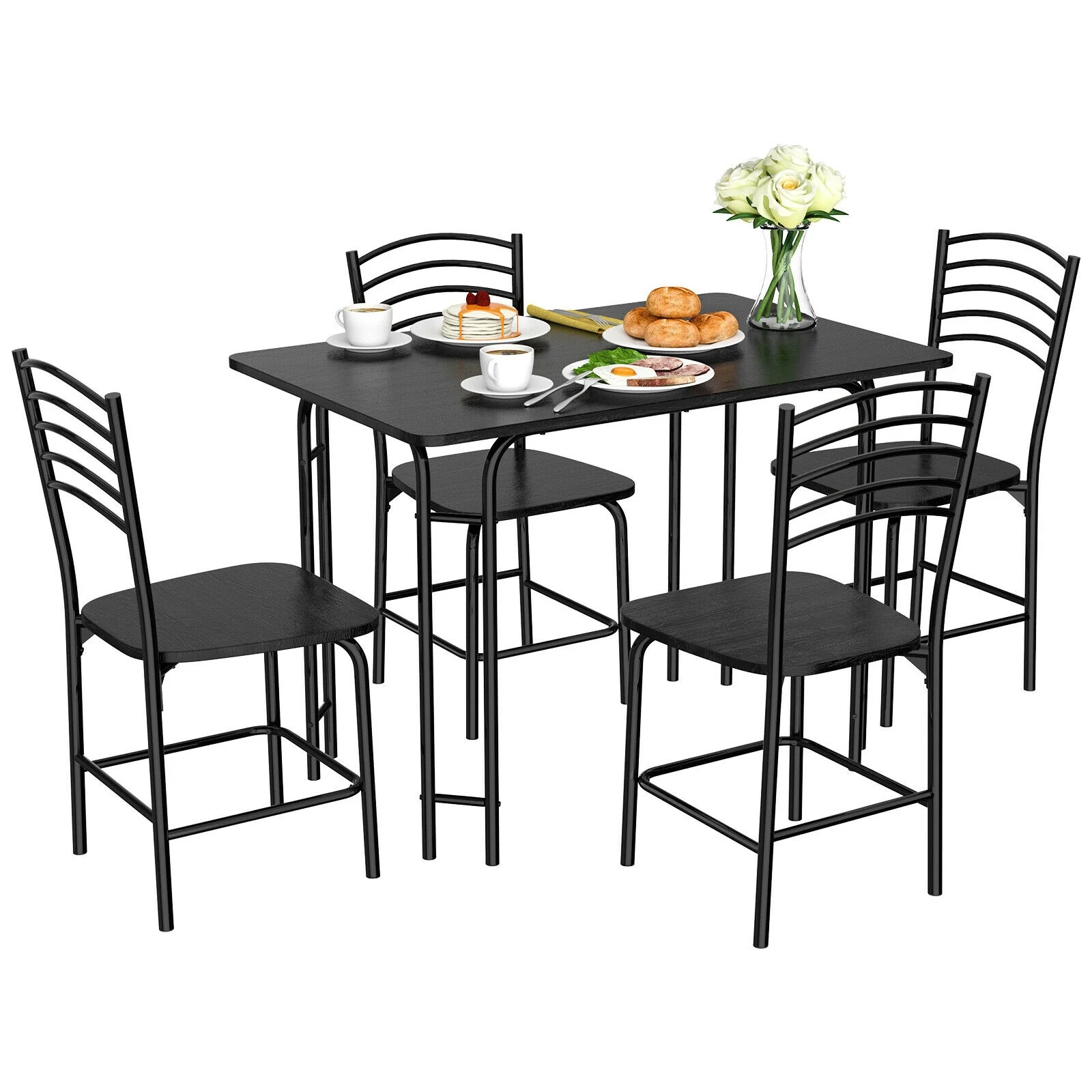 5 Piece Wood Rectangular Dining Table Set, Black - Image 5