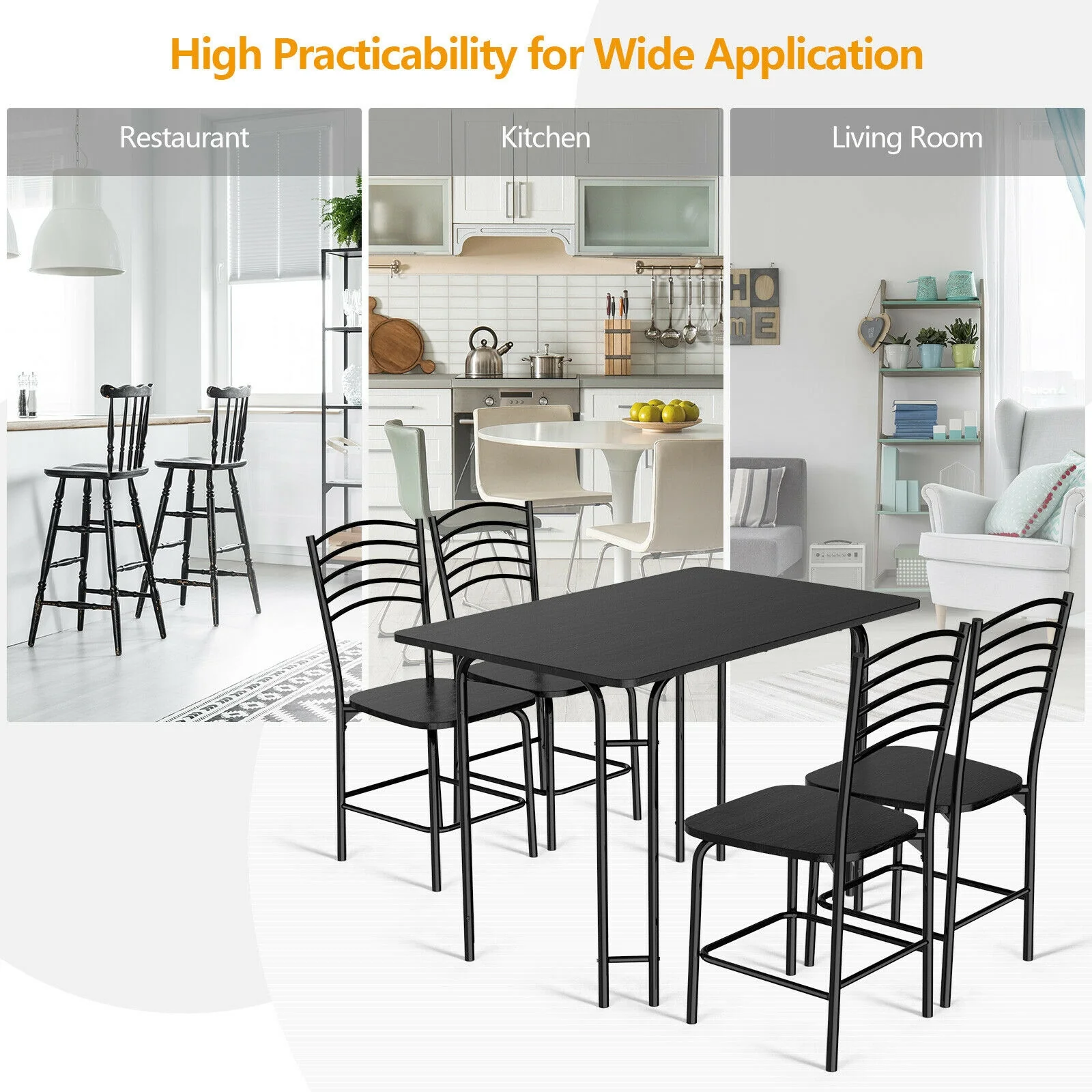 5 Piece Wood Rectangular Dining Table Set, Black - Image 8