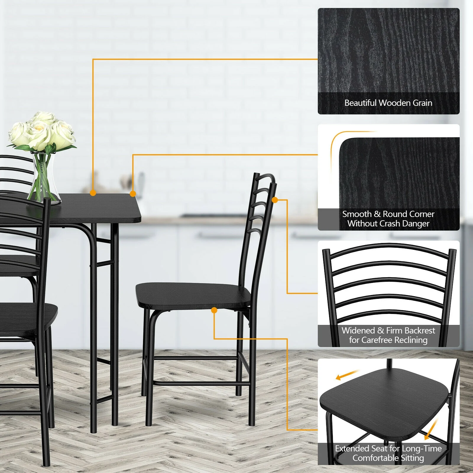 5 Piece Wood Rectangular Dining Table Set, Black - Image 9