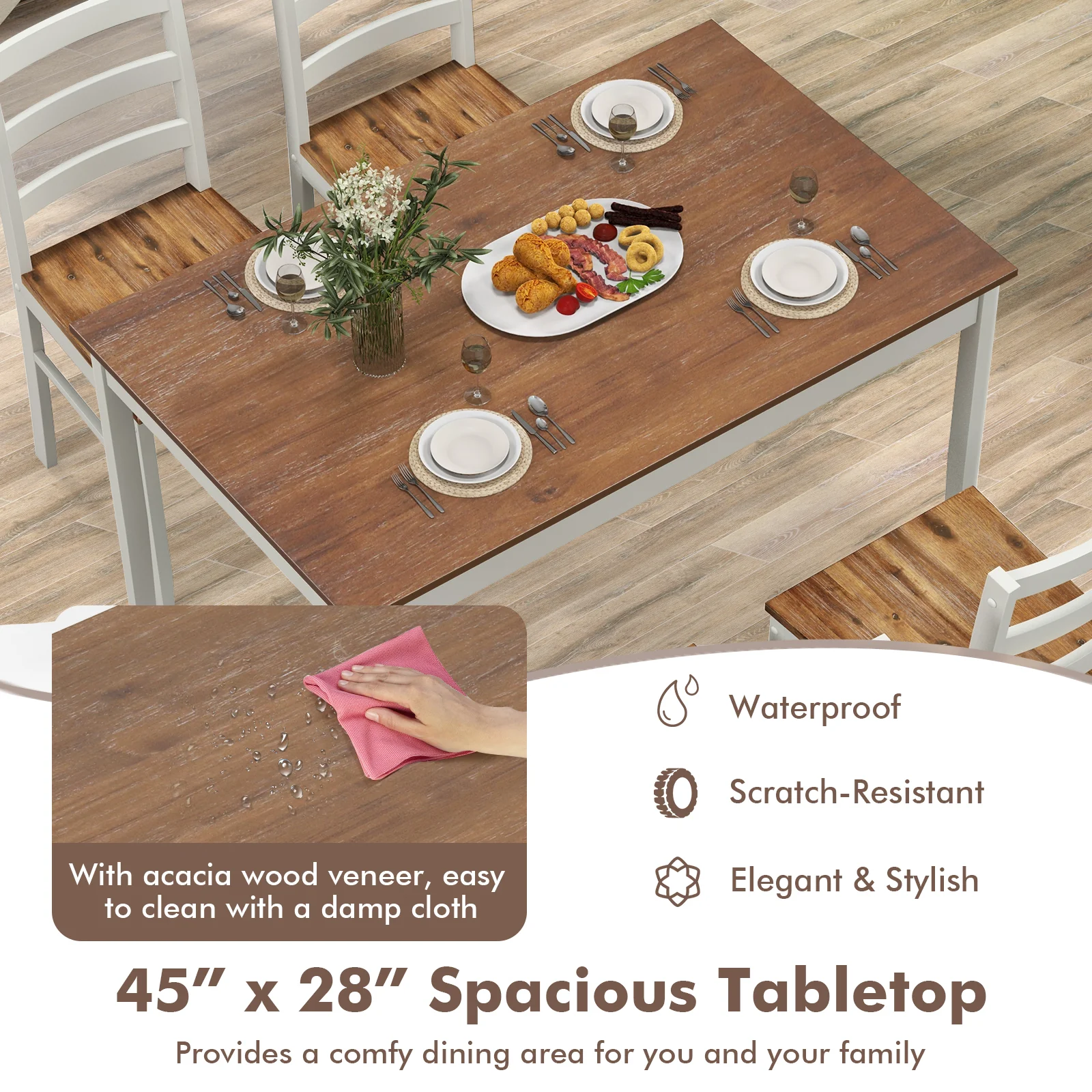 5-Piece Wooden Dining Set, Rectangular Table, 4 Chairs, Coffee and White - Image 10