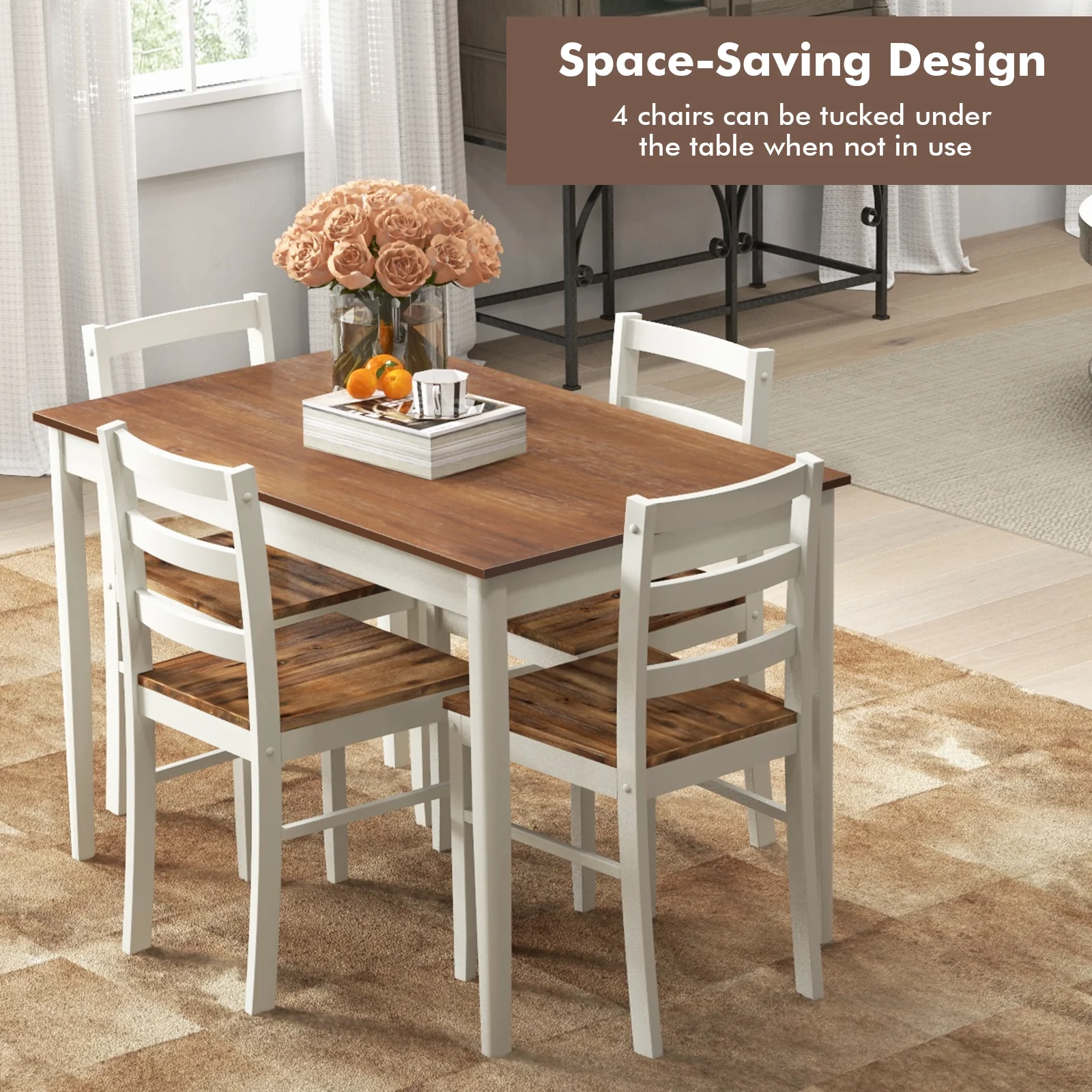 5-Piece Wooden Dining Set, Rectangular Table, 4 Chairs, Coffee and White - Image 3