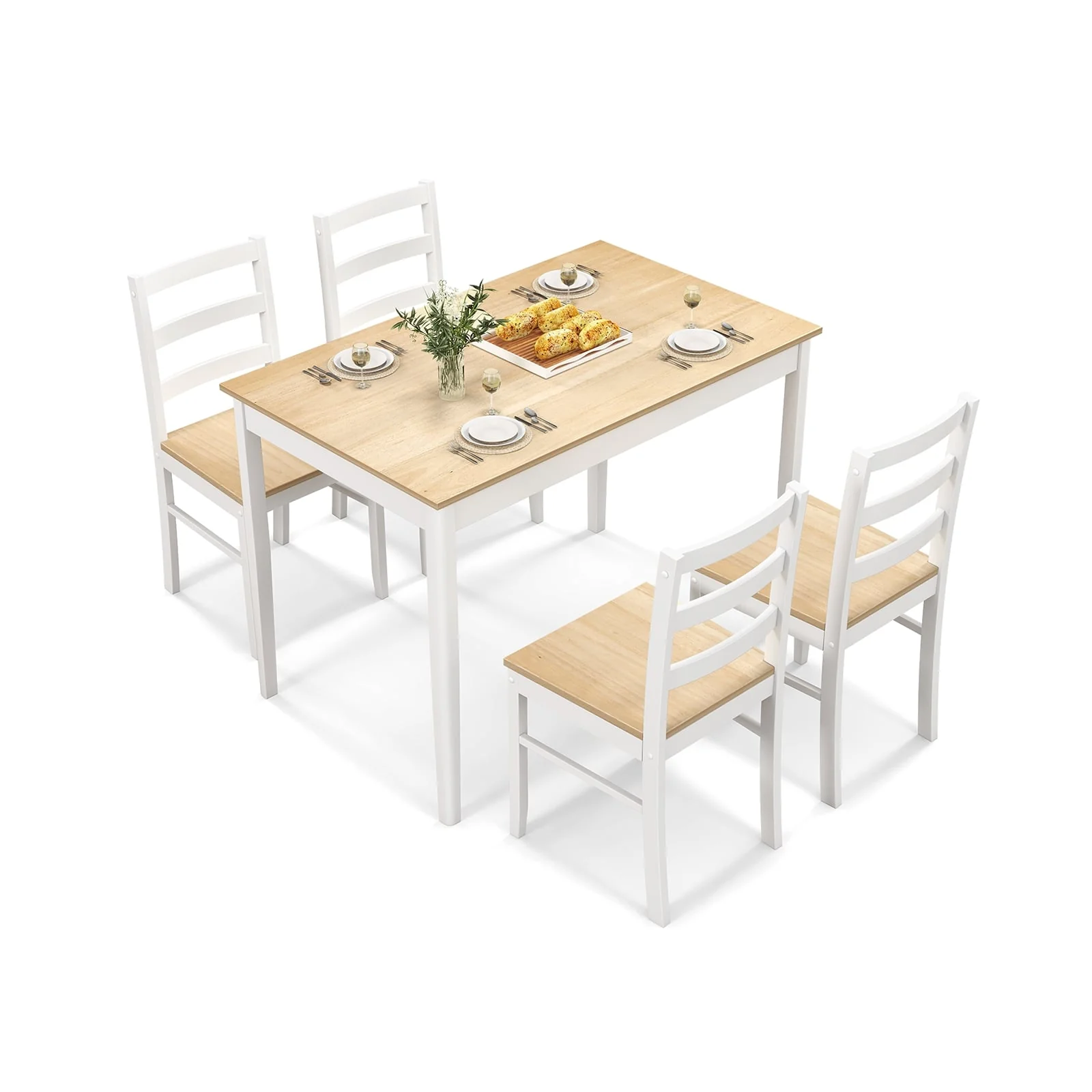 5-Piece Wooden Dining Set, Rectangular Table, 4 Chairs, Natural