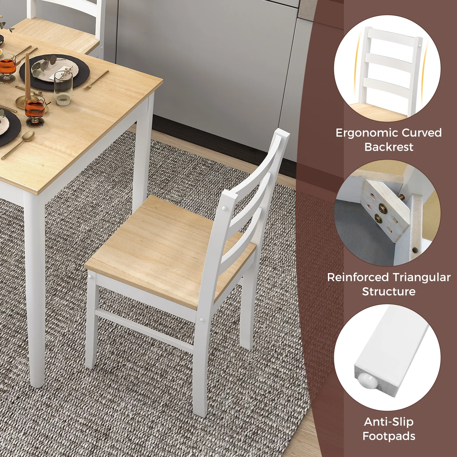 5-Piece Wooden Dining Set, Rectangular Table, 4 Chairs, Natural - Image 10