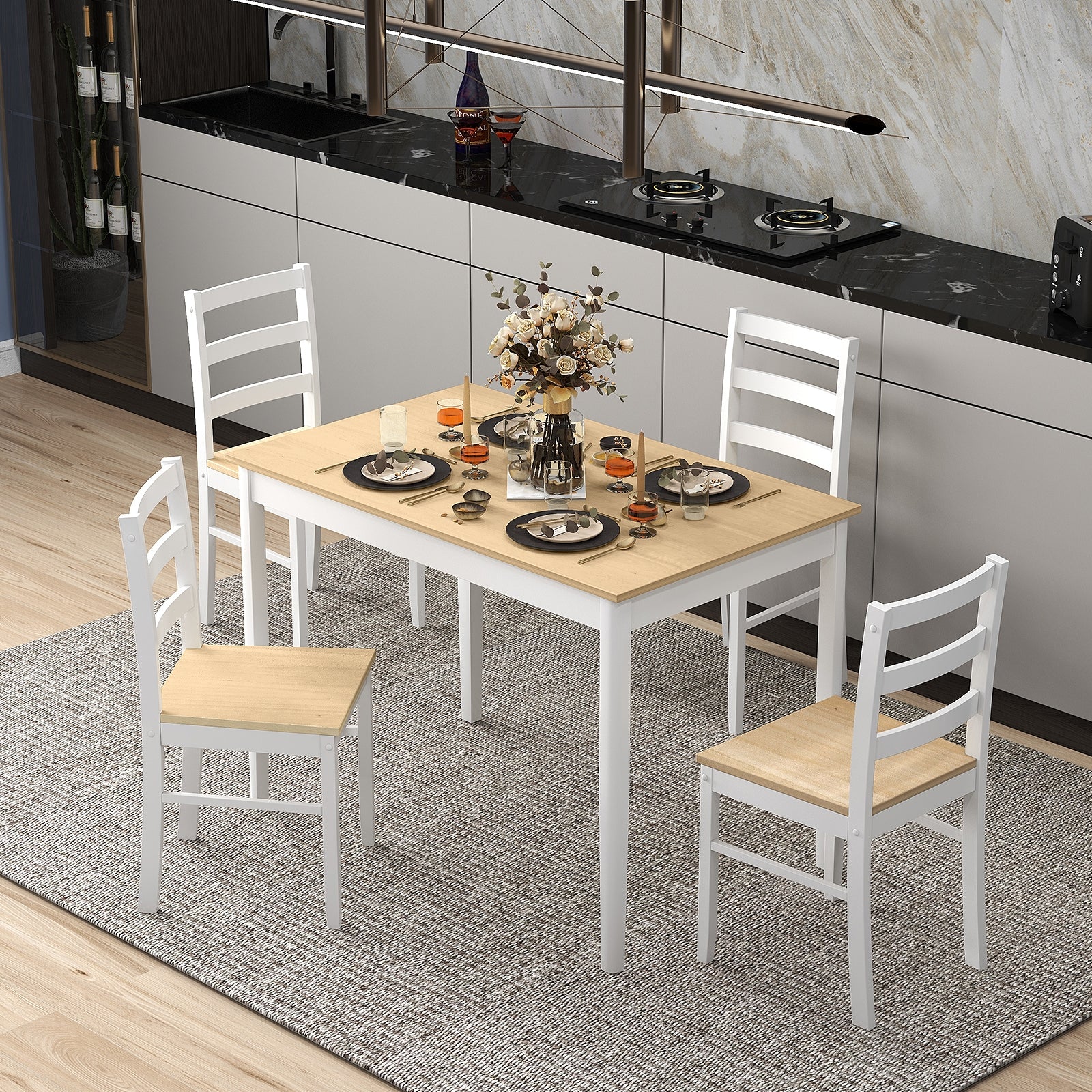 5-Piece Wooden Dining Set, Rectangular Table, 4 Chairs, Natural - Image 2