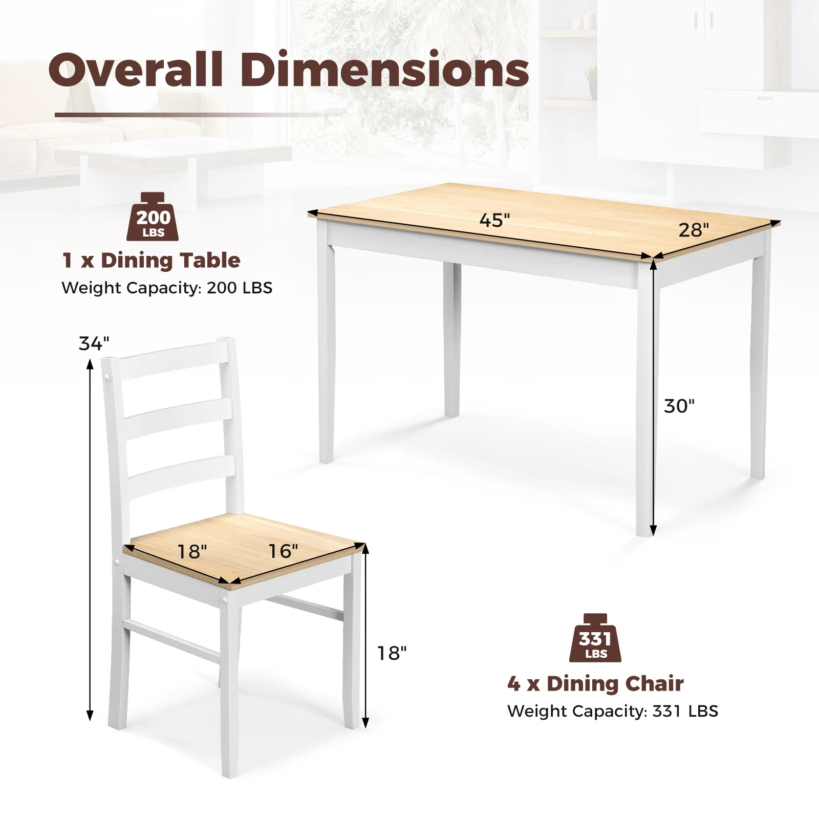 5-Piece Wooden Dining Set, Rectangular Table, 4 Chairs, Natural - Image 6