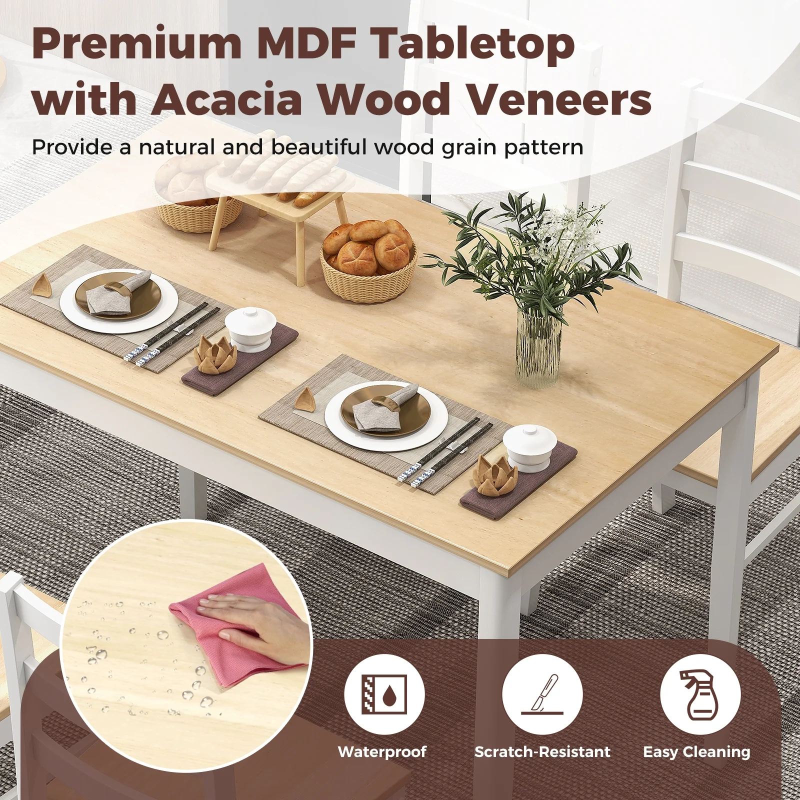 5-Piece Wooden Dining Set, Rectangular Table, 4 Chairs, Natural - Image 8