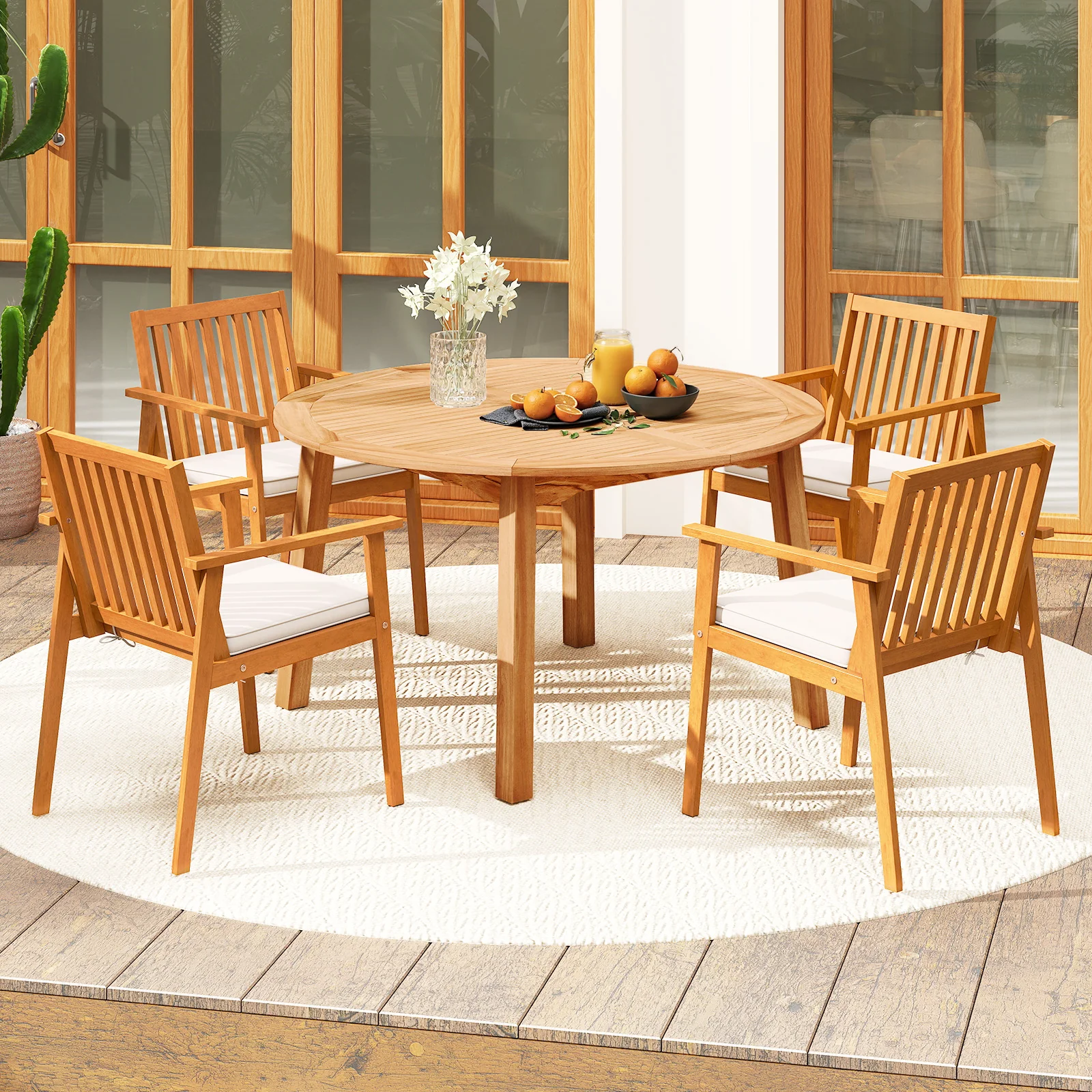 5 Pieces Acacia Wood Patio Dining Set with Umbrella Hole - Image 2