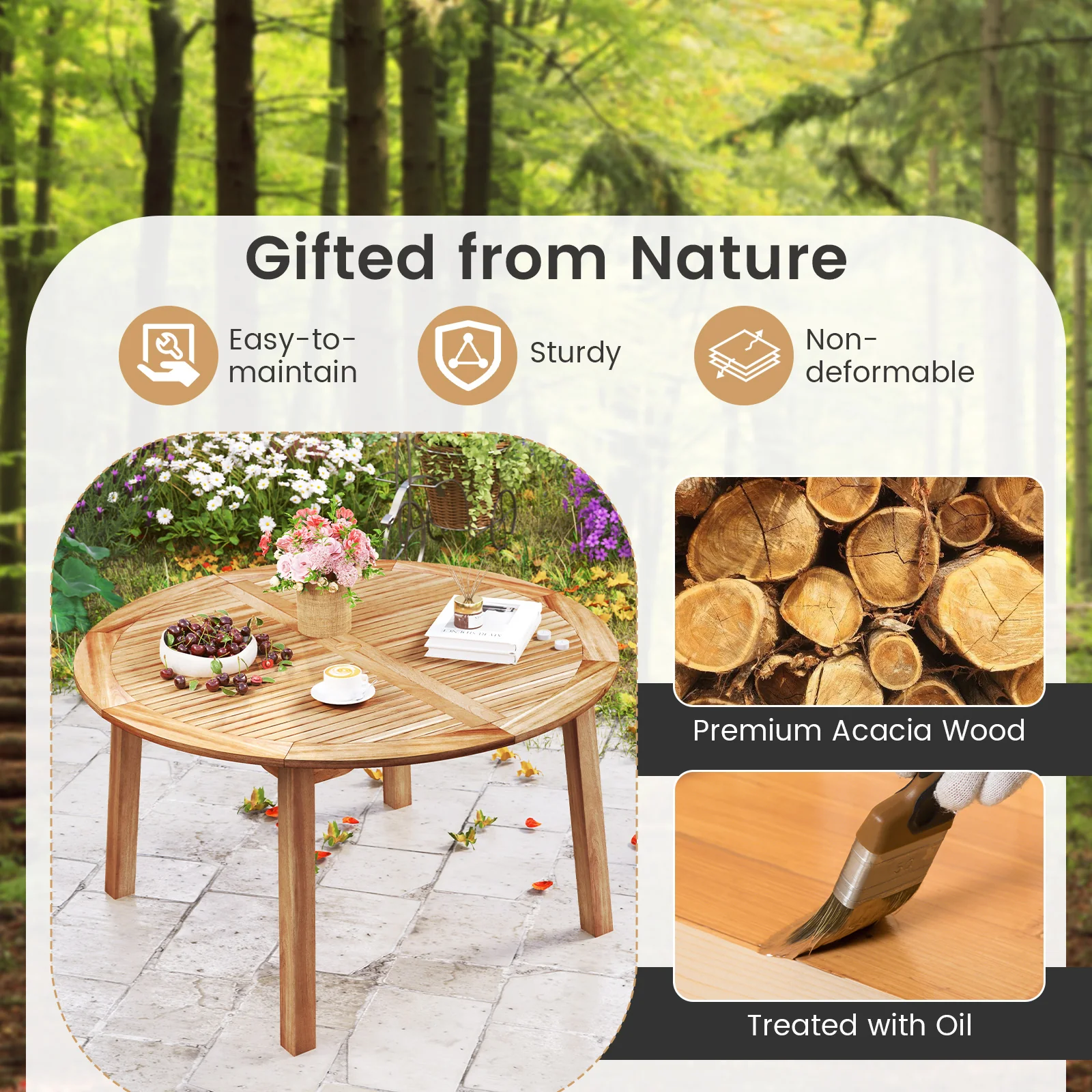 5 Pieces Acacia Wood Patio Dining Set with Umbrella Hole - Image 6
