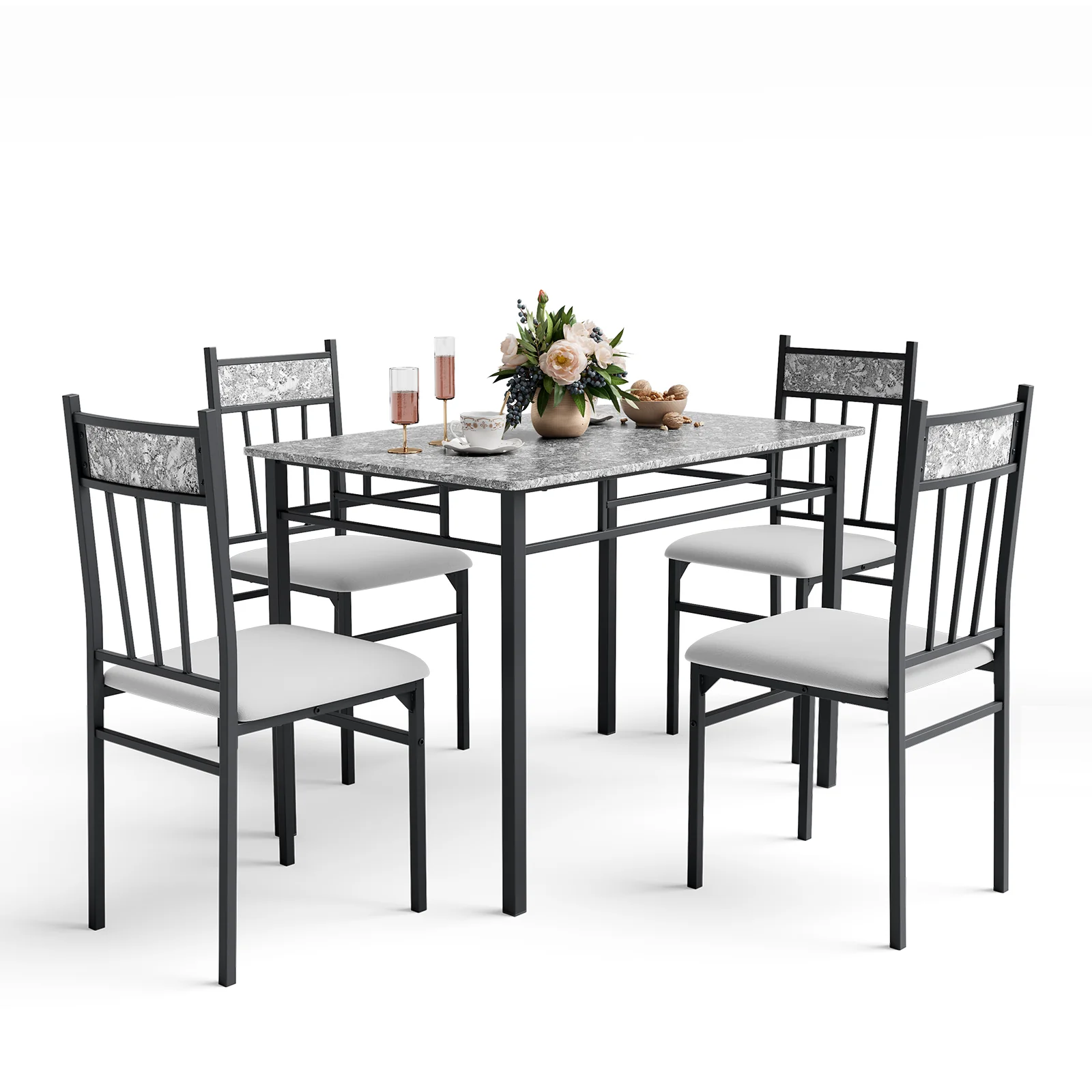 5 Pieces Faux Marble Dining Set, Gray