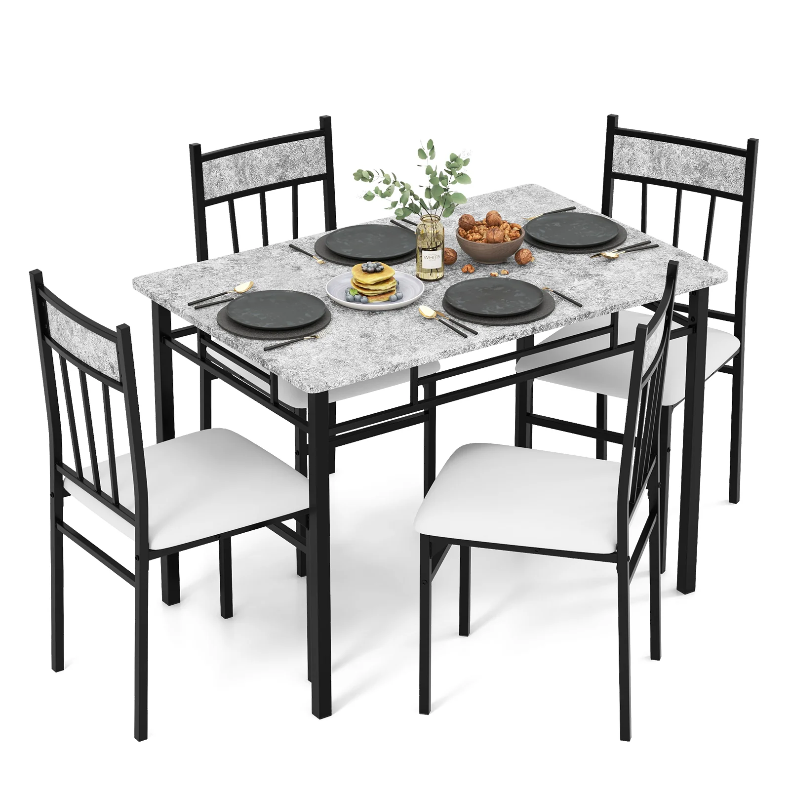 5 Pieces Faux Marble Dining Set, Gray - Image 3