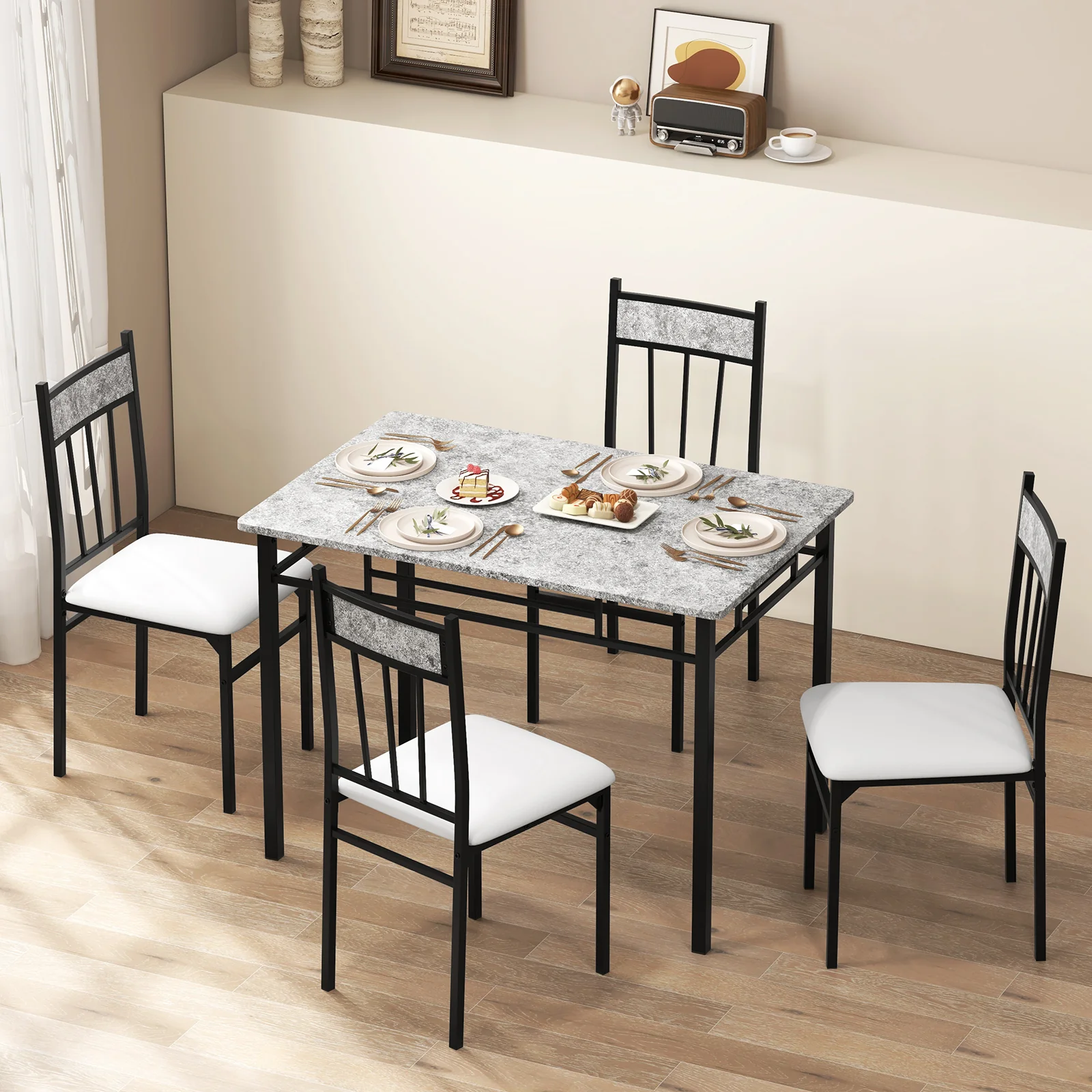 5 Pieces Faux Marble Dining Set, Gray - Image 4