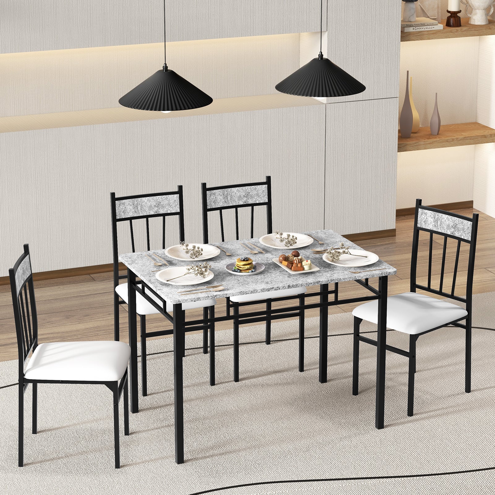 5 Pieces Faux Marble Dining Set, Gray - Image 5