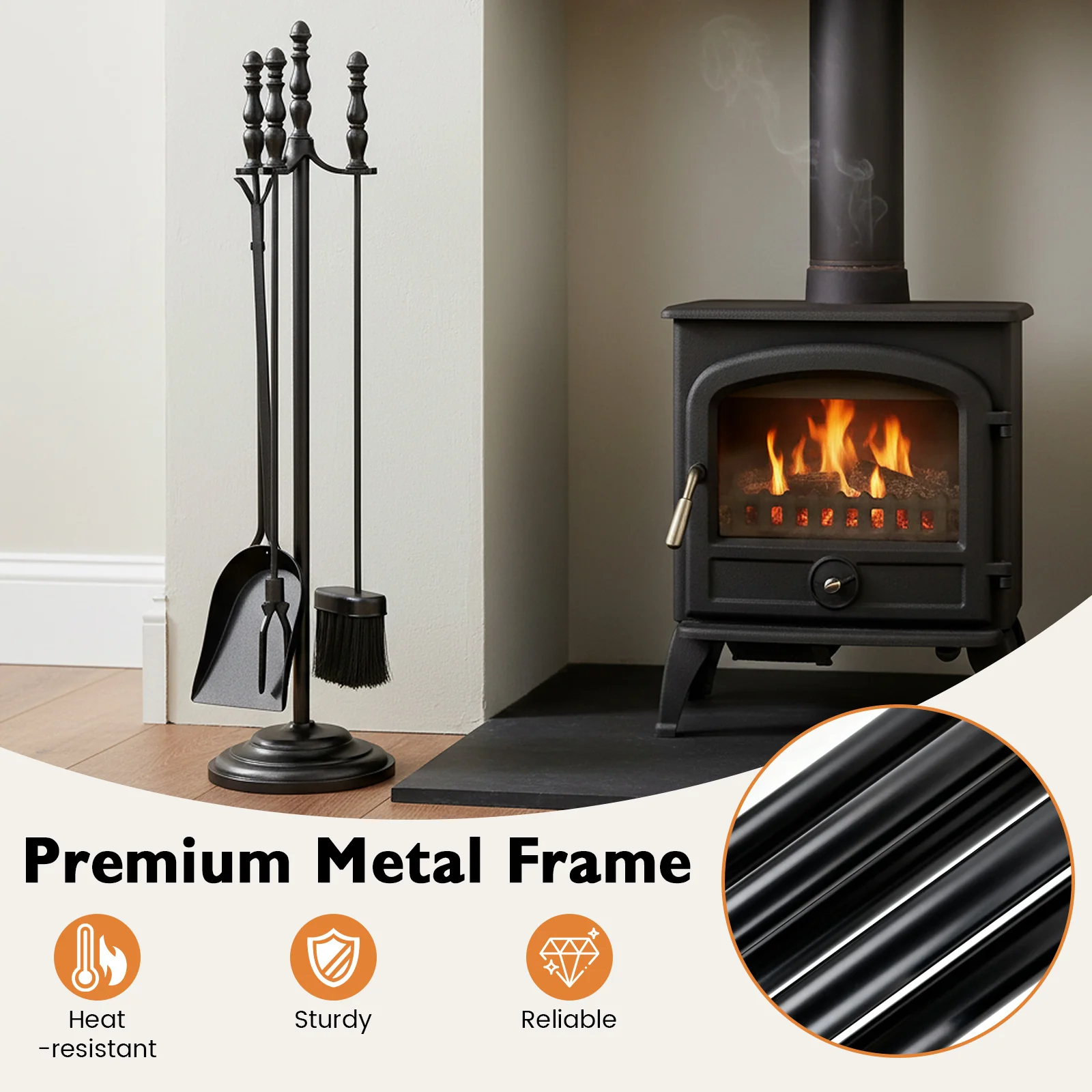5-Pieces Fireplace Tool Set with Poker Tongs Brush Shovel and Round Stand - Image 10