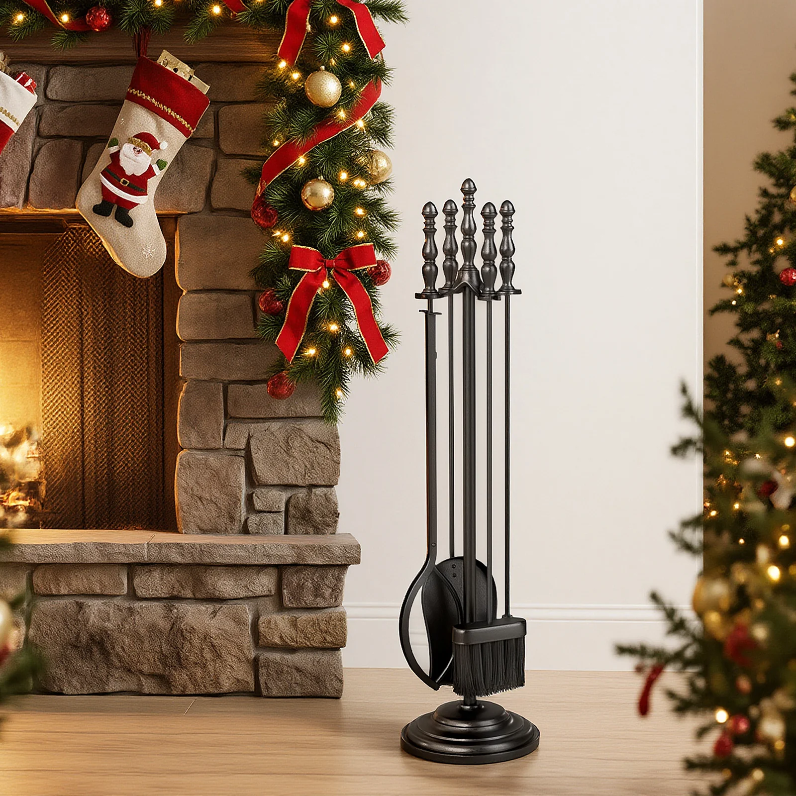5-Pieces Fireplace Tool Set with Poker Tongs Brush Shovel and Round Stand - Image 3