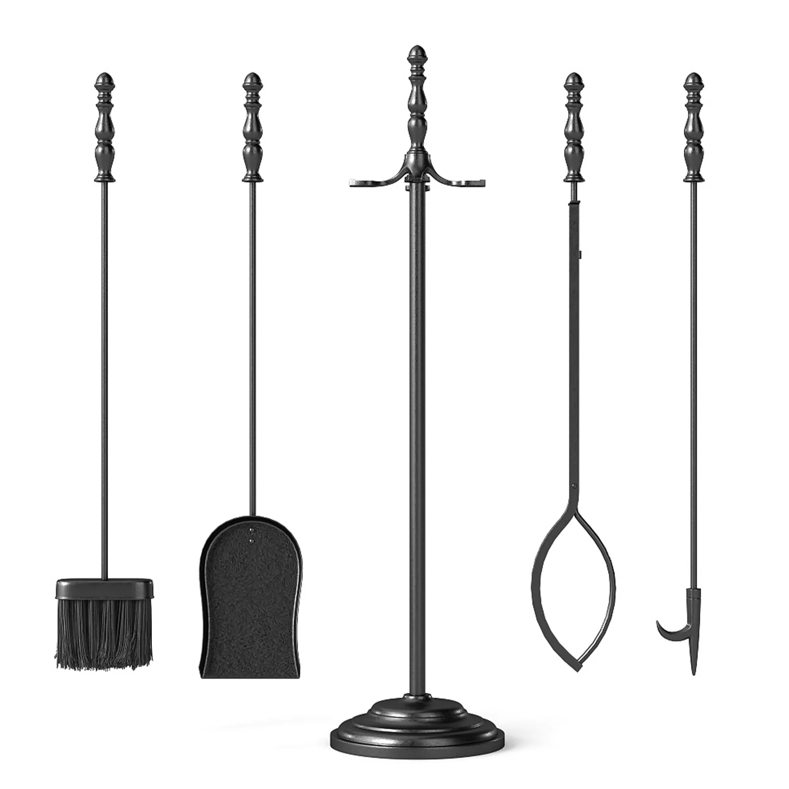 5-Pieces Fireplace Tool Set with Poker Tongs Brush Shovel and Round Stand - Image 5