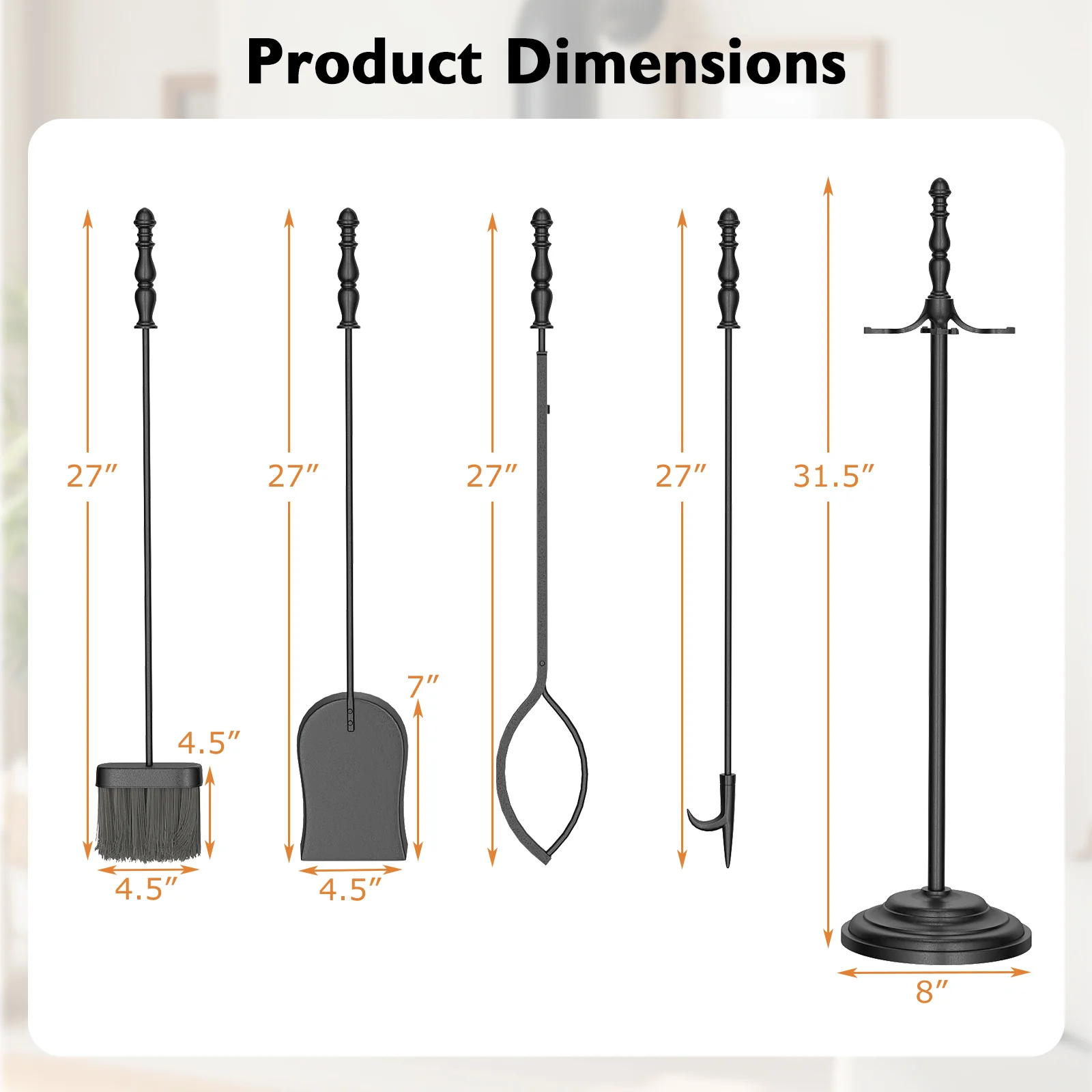 5-Pieces Fireplace Tool Set with Poker Tongs Brush Shovel and Round Stand - Image 6