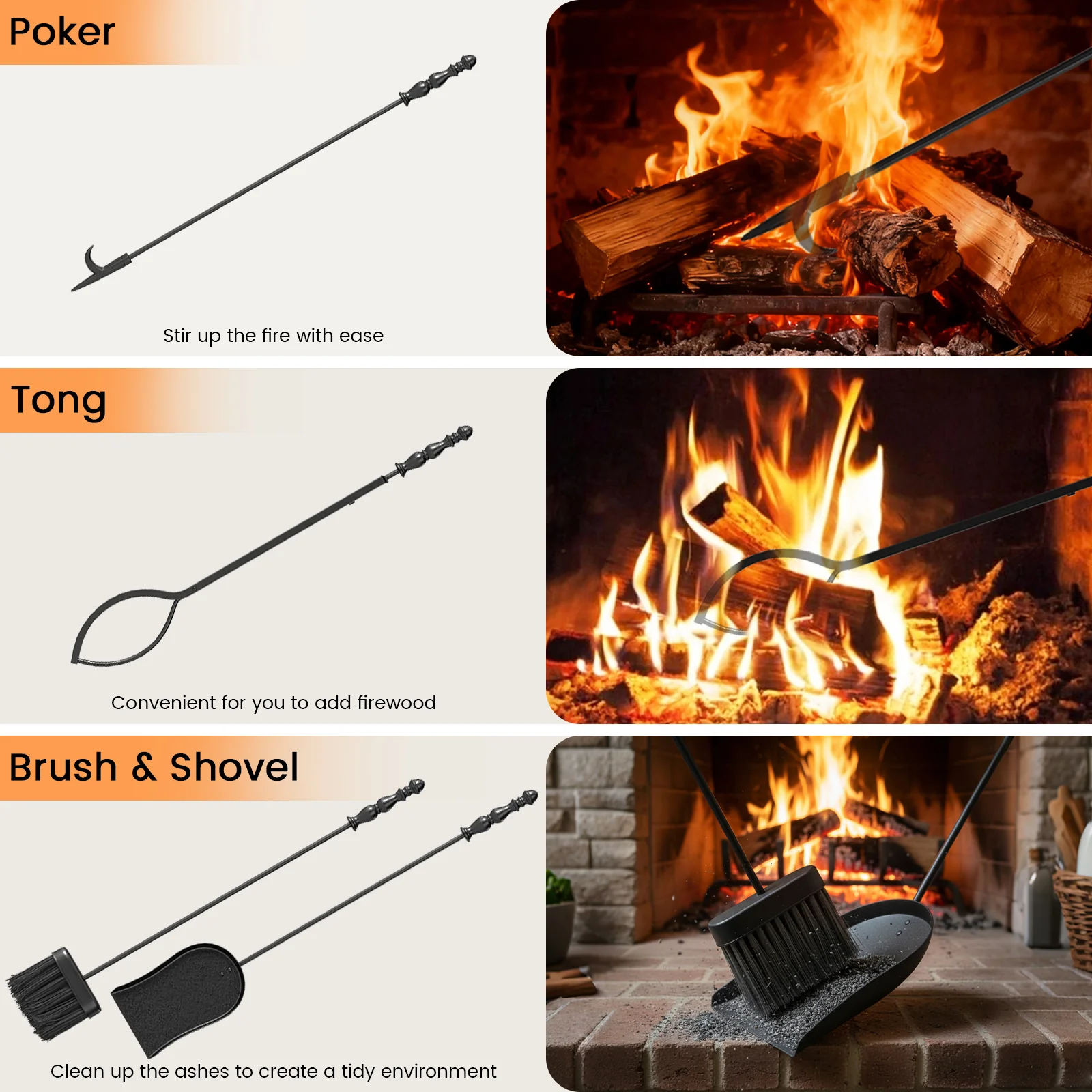 5-Pieces Fireplace Tool Set with Poker Tongs Brush Shovel and Round Stand - Image 8