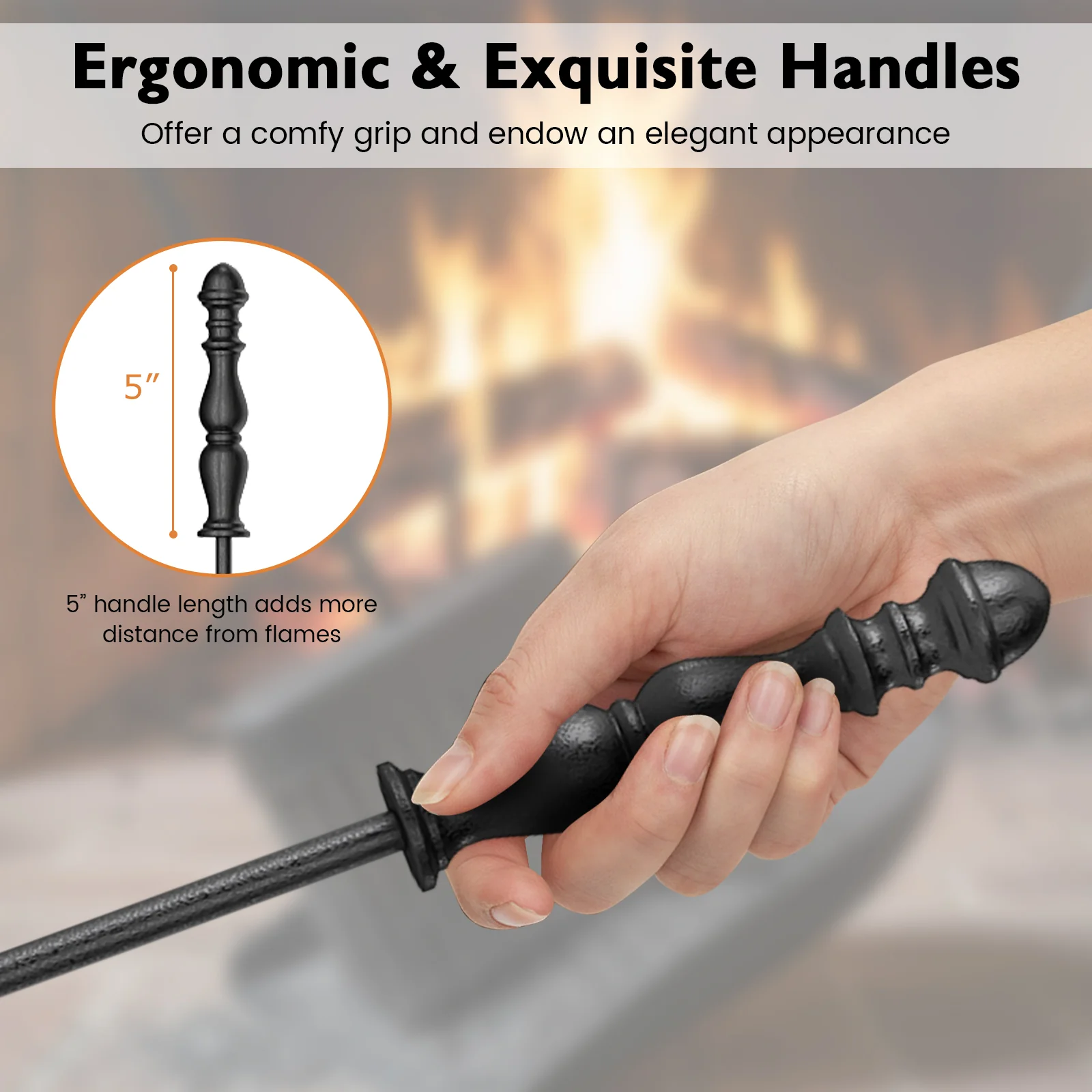 5-Pieces Fireplace Tool Set with Poker Tongs Brush Shovel and Round Stand - Image 9