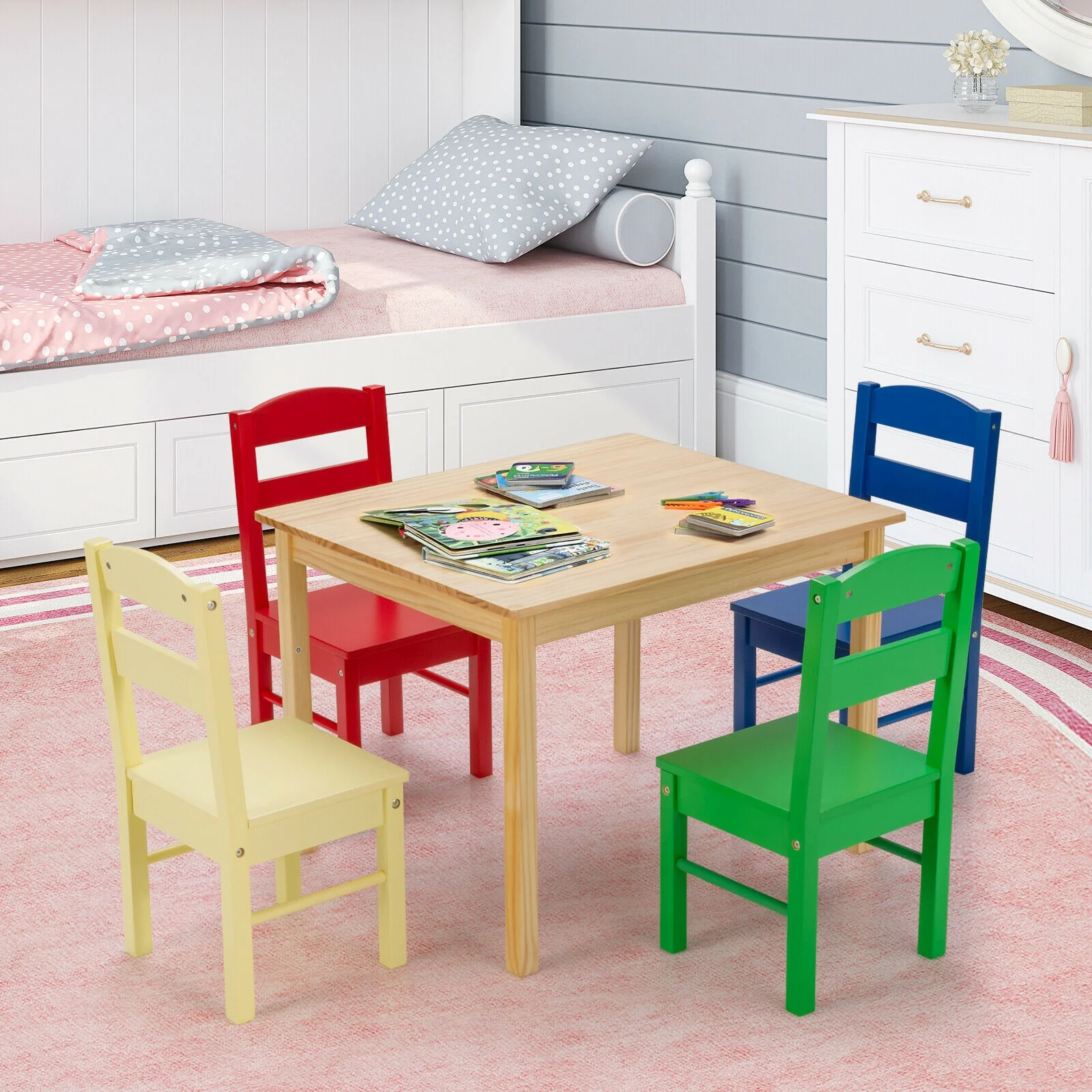 5 Pieces Kids Pine Wood Table Chair Set, Multicolor - Image 2