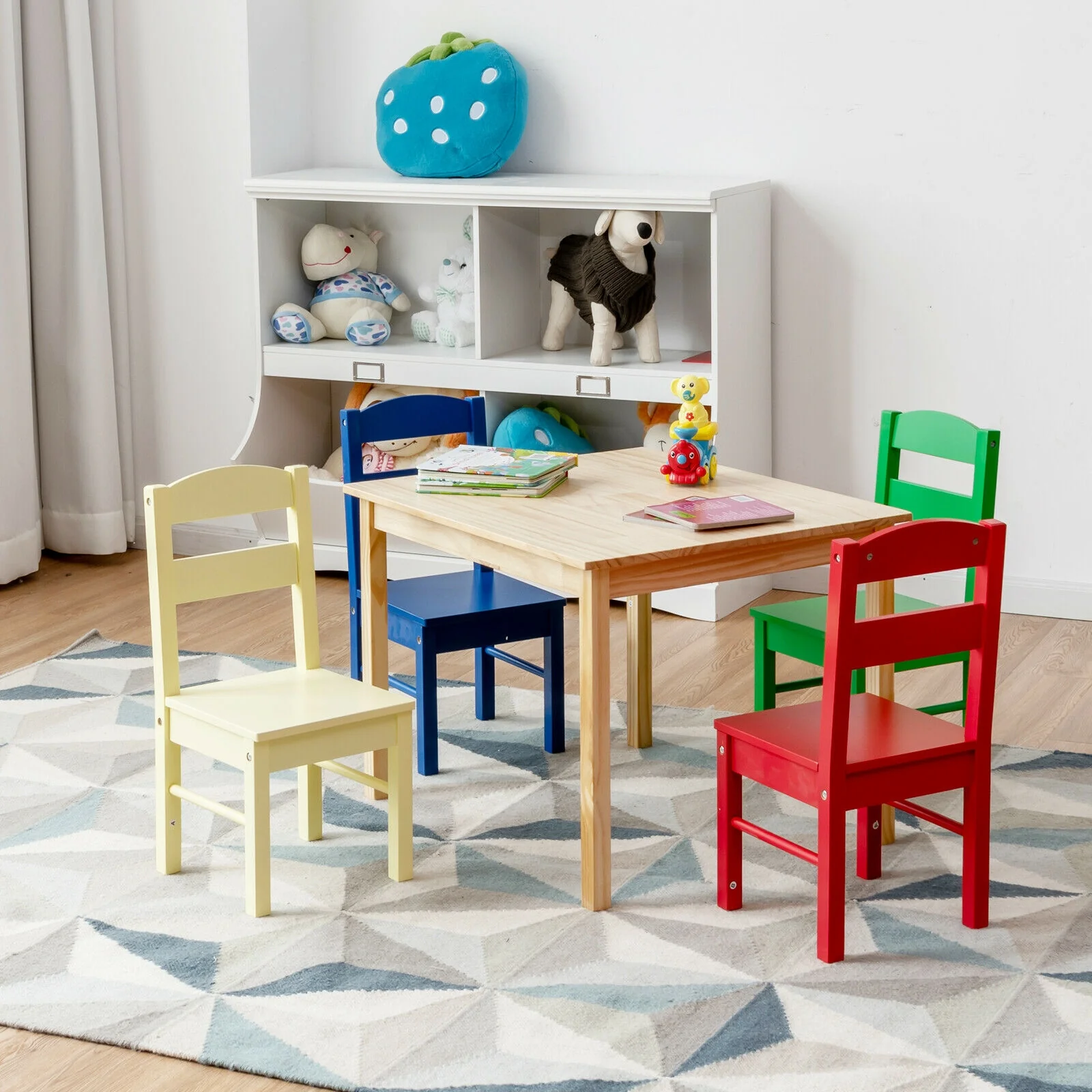5 Pieces Kids Pine Wood Table Chair Set, Multicolor - Image 3