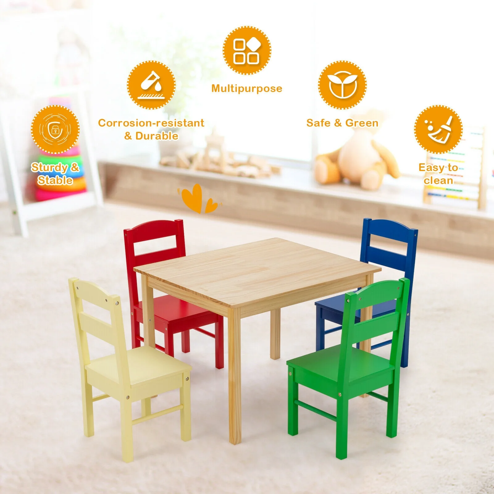 5 Pieces Kids Pine Wood Table Chair Set, Multicolor - Image 6