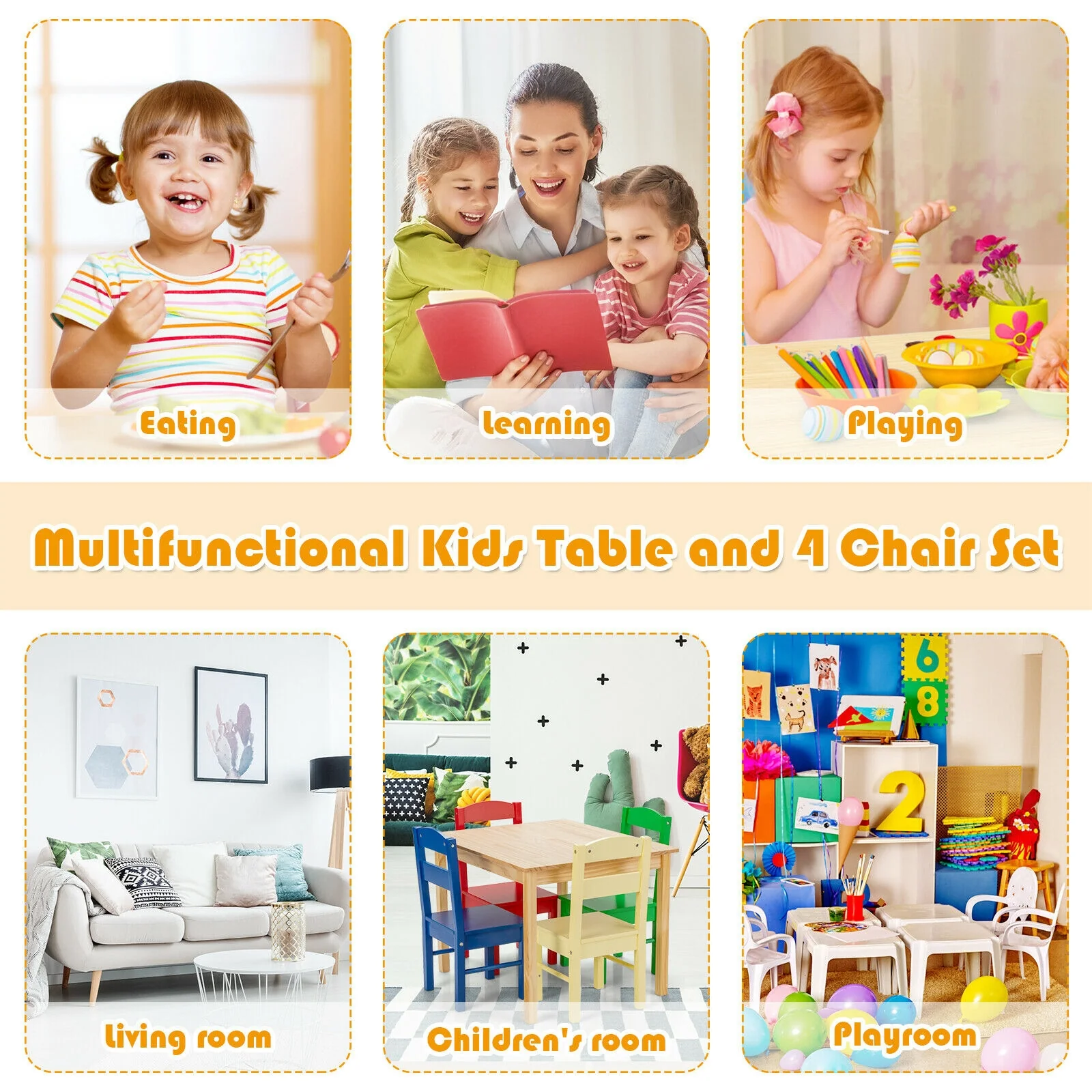 5 Pieces Kids Pine Wood Table Chair Set, Multicolor - Image 7