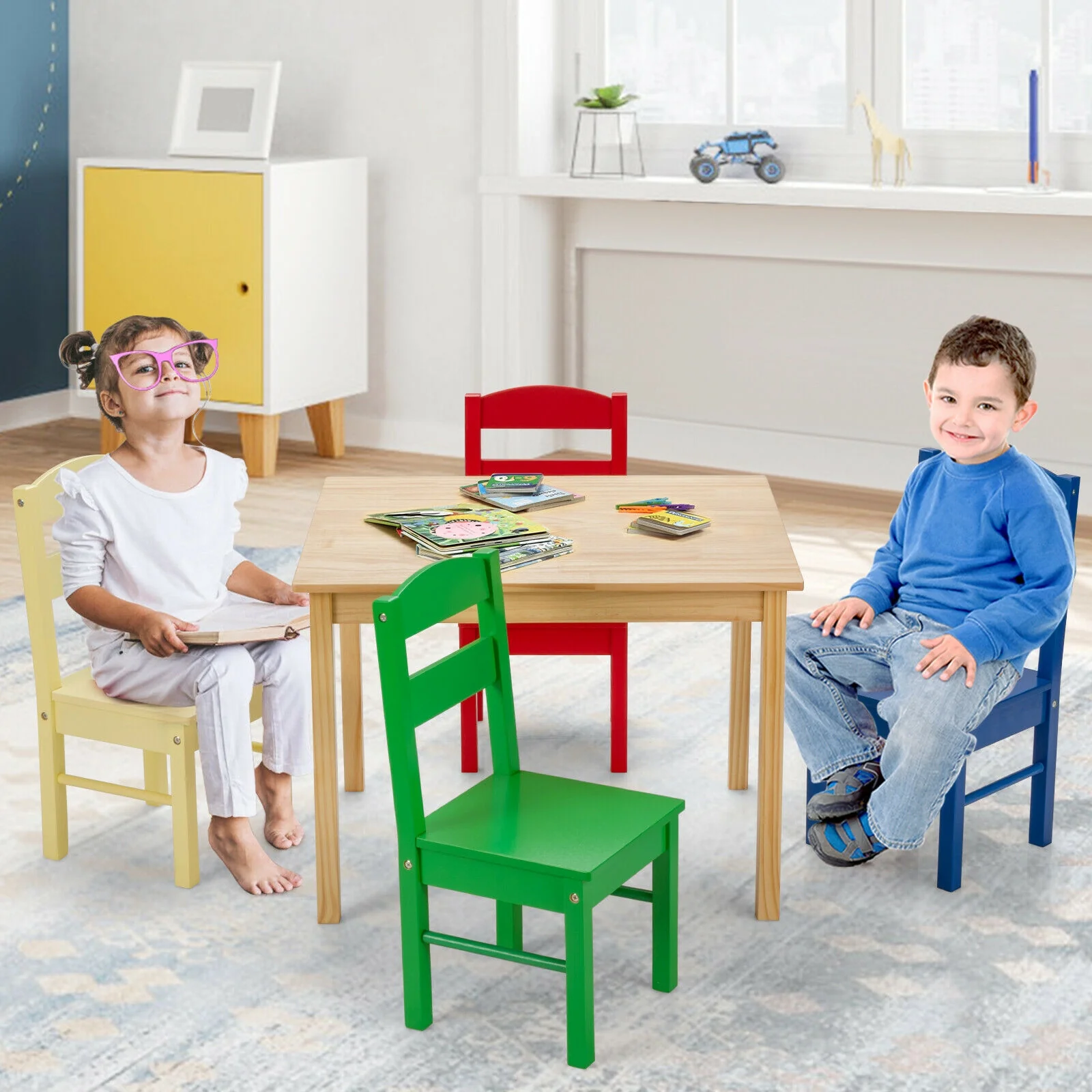 5 Pieces Kids Pine Wood Table Chair Set, Multicolor - Image 8