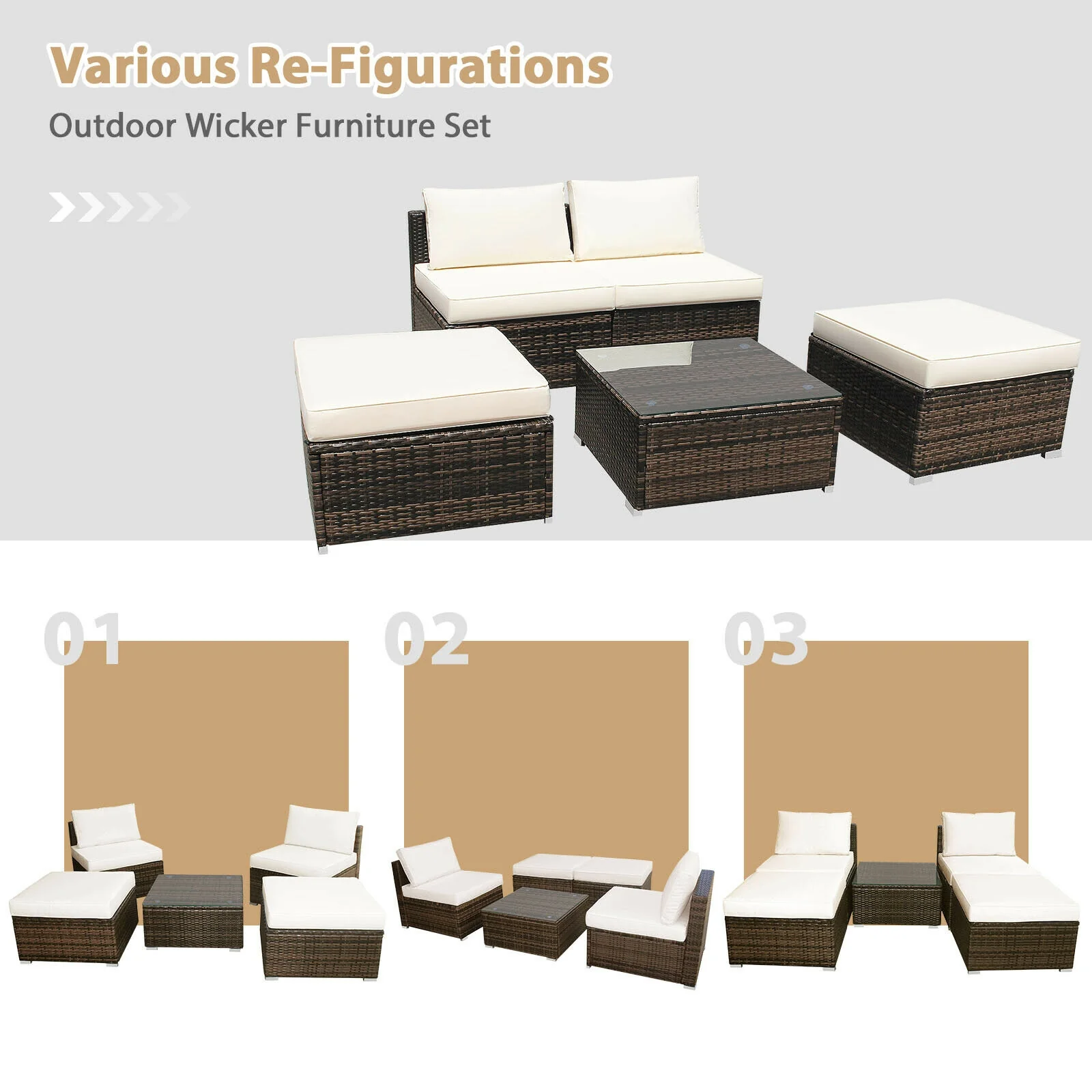 5 Pieces Patio Rattan Furniture Set with Cushioned Armless Sofa, White - Image 10