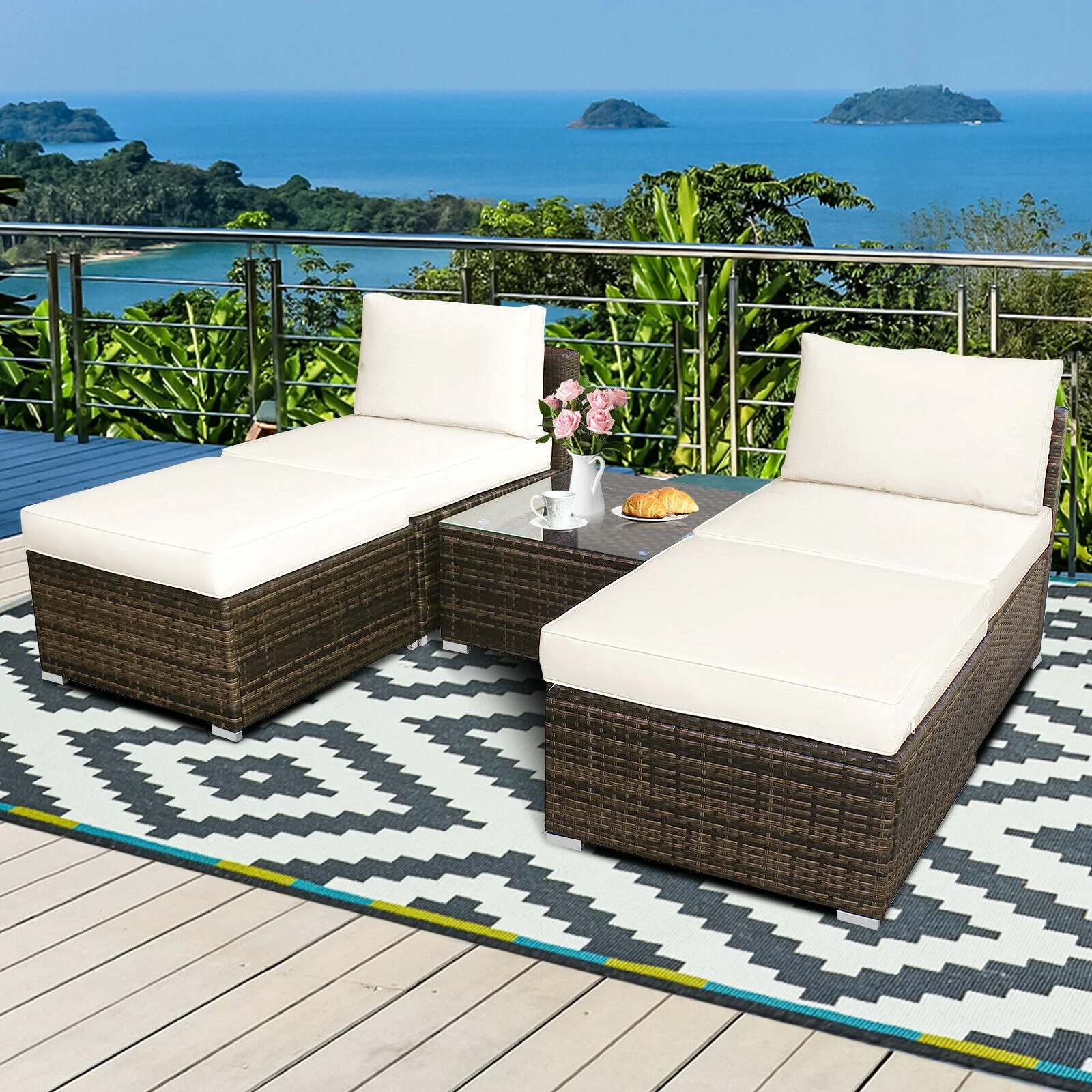 5 Pieces Patio Rattan Furniture Set with Cushioned Armless Sofa, White - Image 2