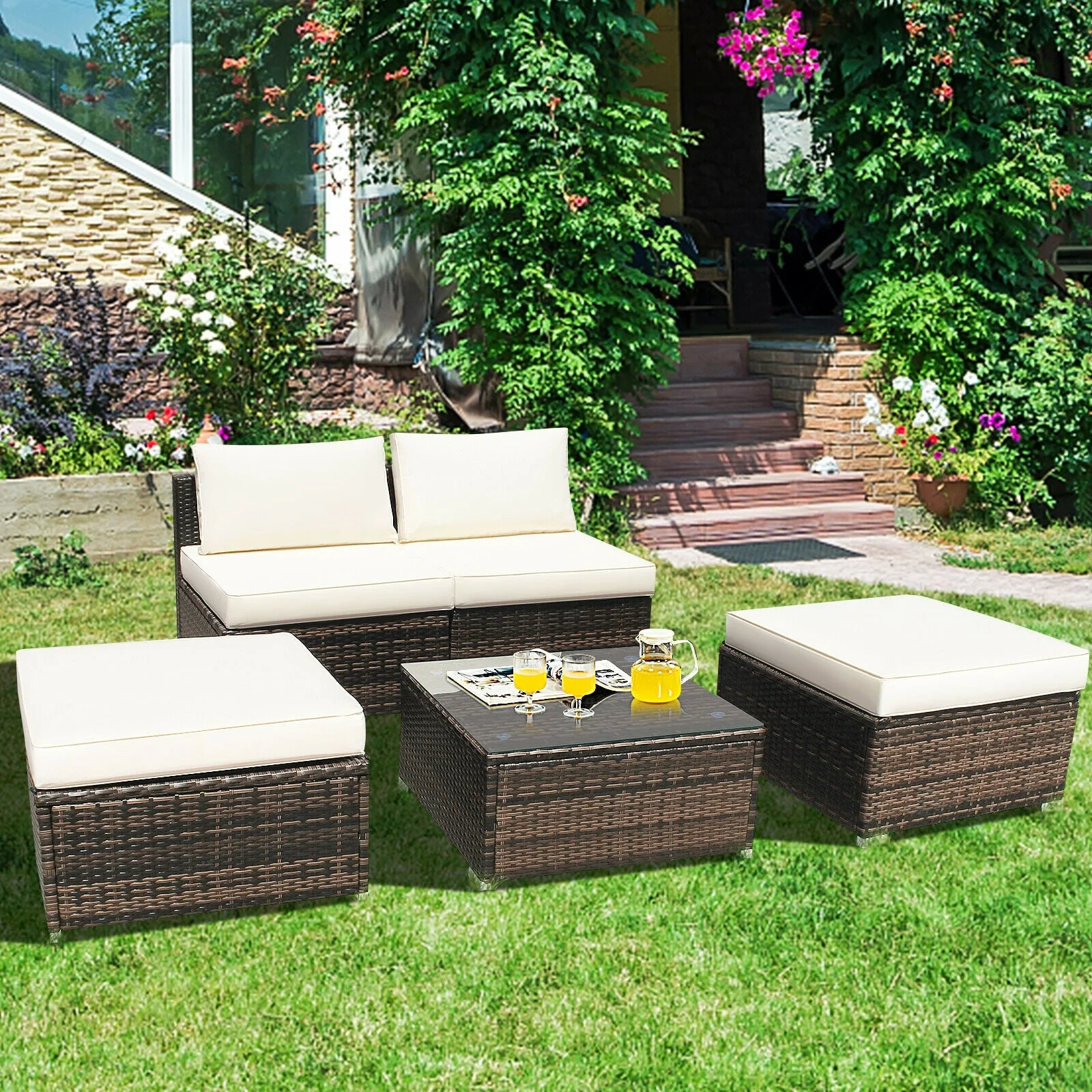 5 Pieces Patio Rattan Furniture Set with Cushioned Armless Sofa, White - Image 3