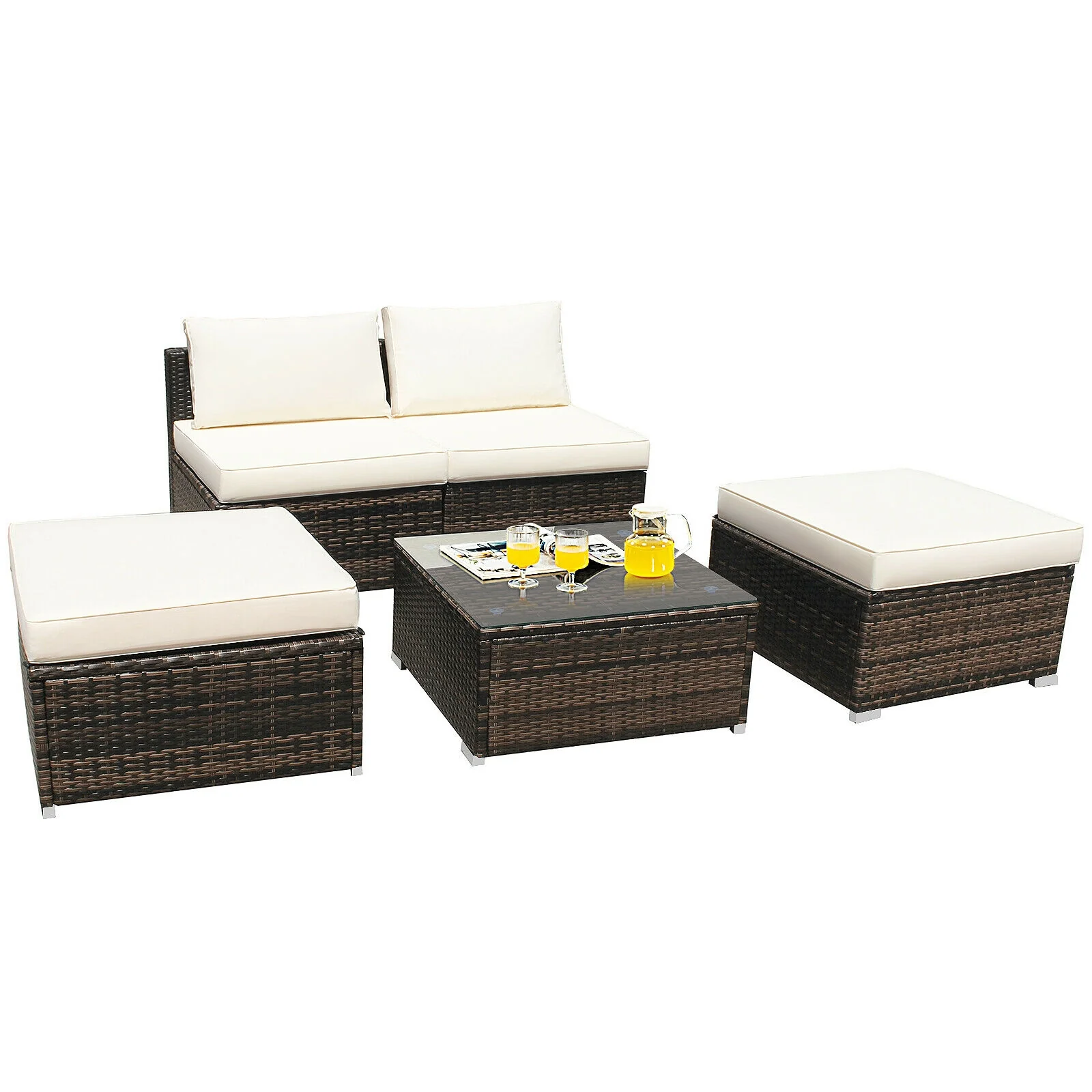 5 Pieces Patio Rattan Furniture Set with Cushioned Armless Sofa, White - Image 4