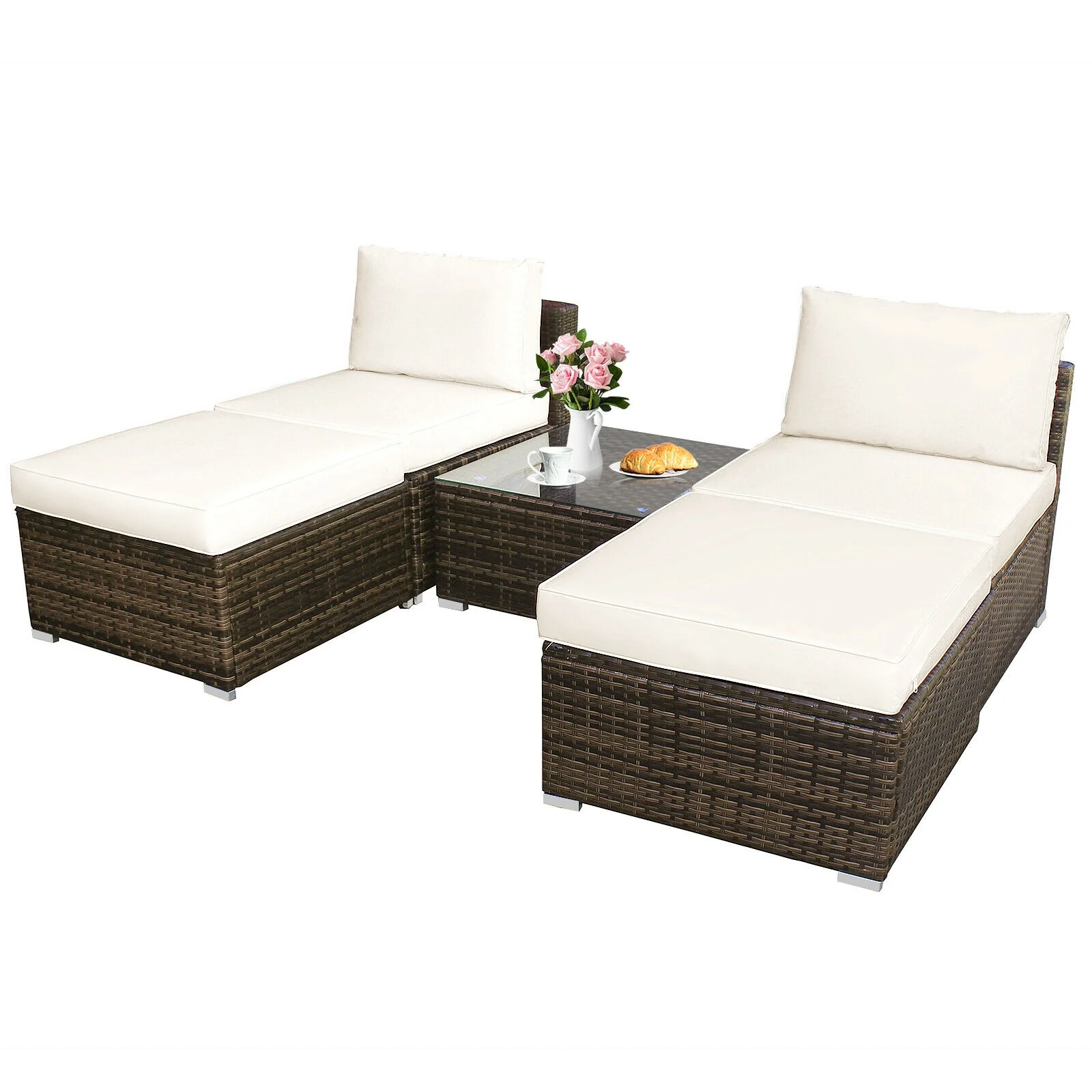 5 Pieces Patio Rattan Furniture Set with Cushioned Armless Sofa, White - Image 5