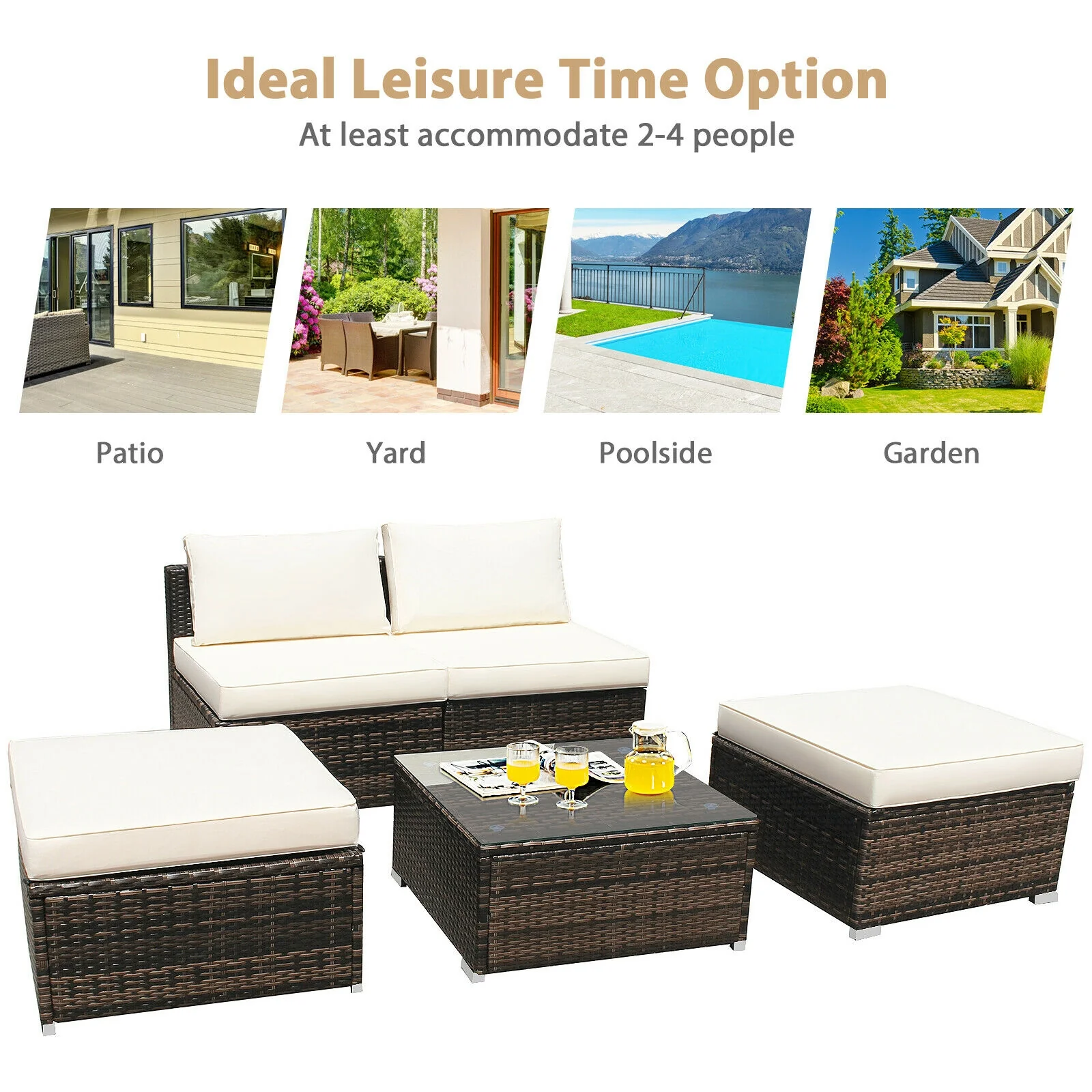 5 Pieces Patio Rattan Furniture Set with Cushioned Armless Sofa, White - Image 7