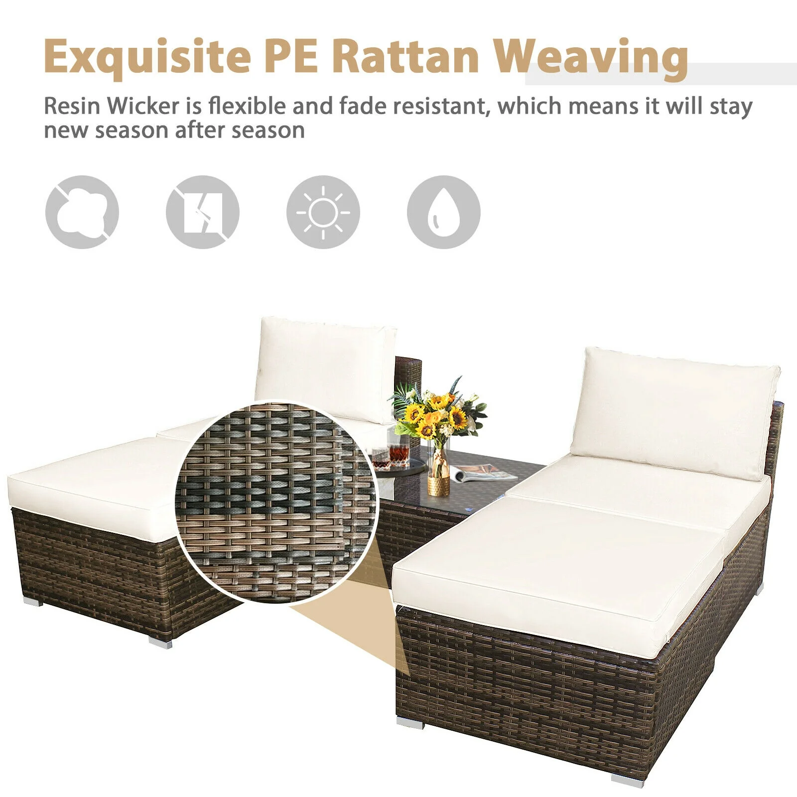 5 Pieces Patio Rattan Furniture Set with Cushioned Armless Sofa, White - Image 8
