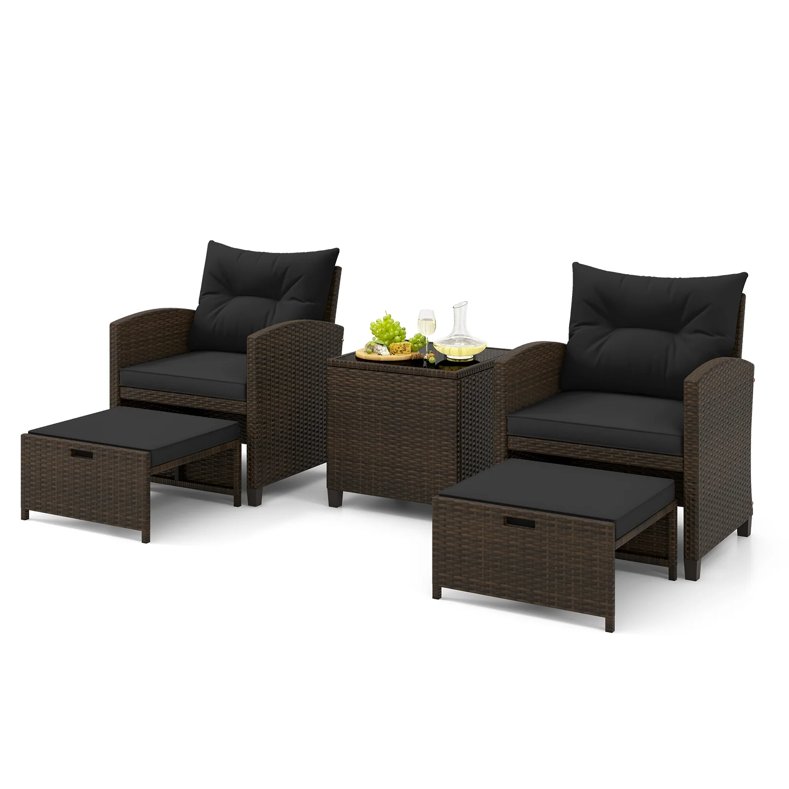 5 Pieces Patio Rattan Furniture with 2 Ottomans and Tempered Glass Coffee Table, Black