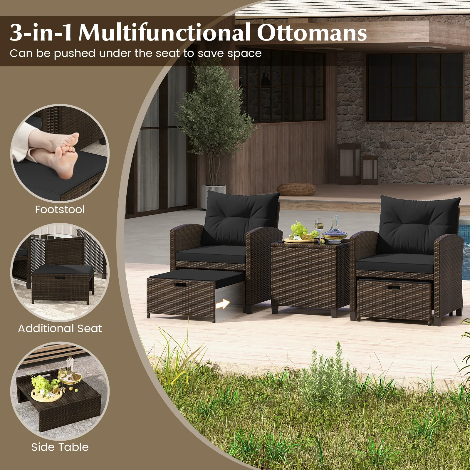 5 Pieces Patio Rattan Furniture with 2 Ottomans and Tempered Glass Coffee Table, Black - Image 10