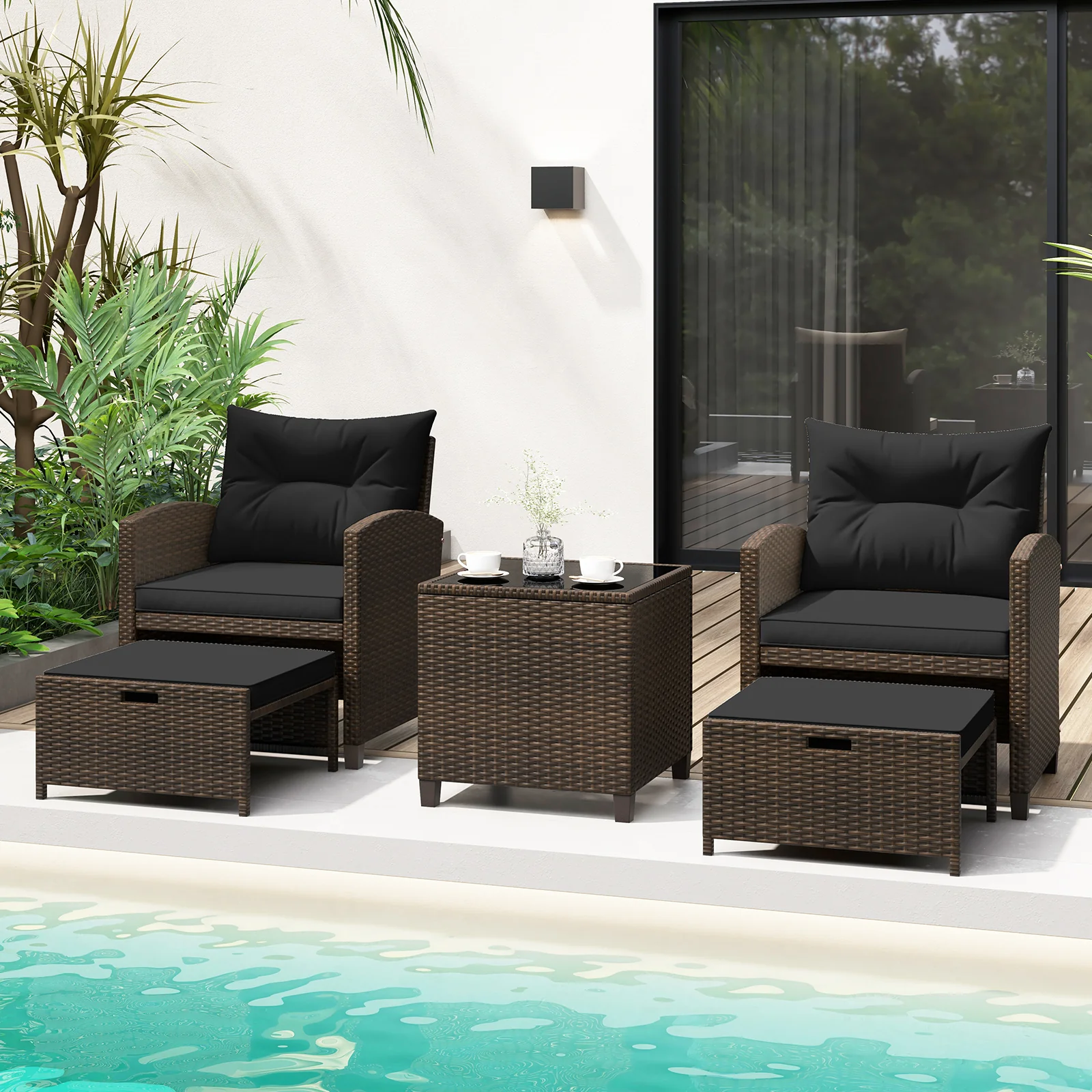 5 Pieces Patio Rattan Furniture with 2 Ottomans and Tempered Glass Coffee Table, Black - Image 2