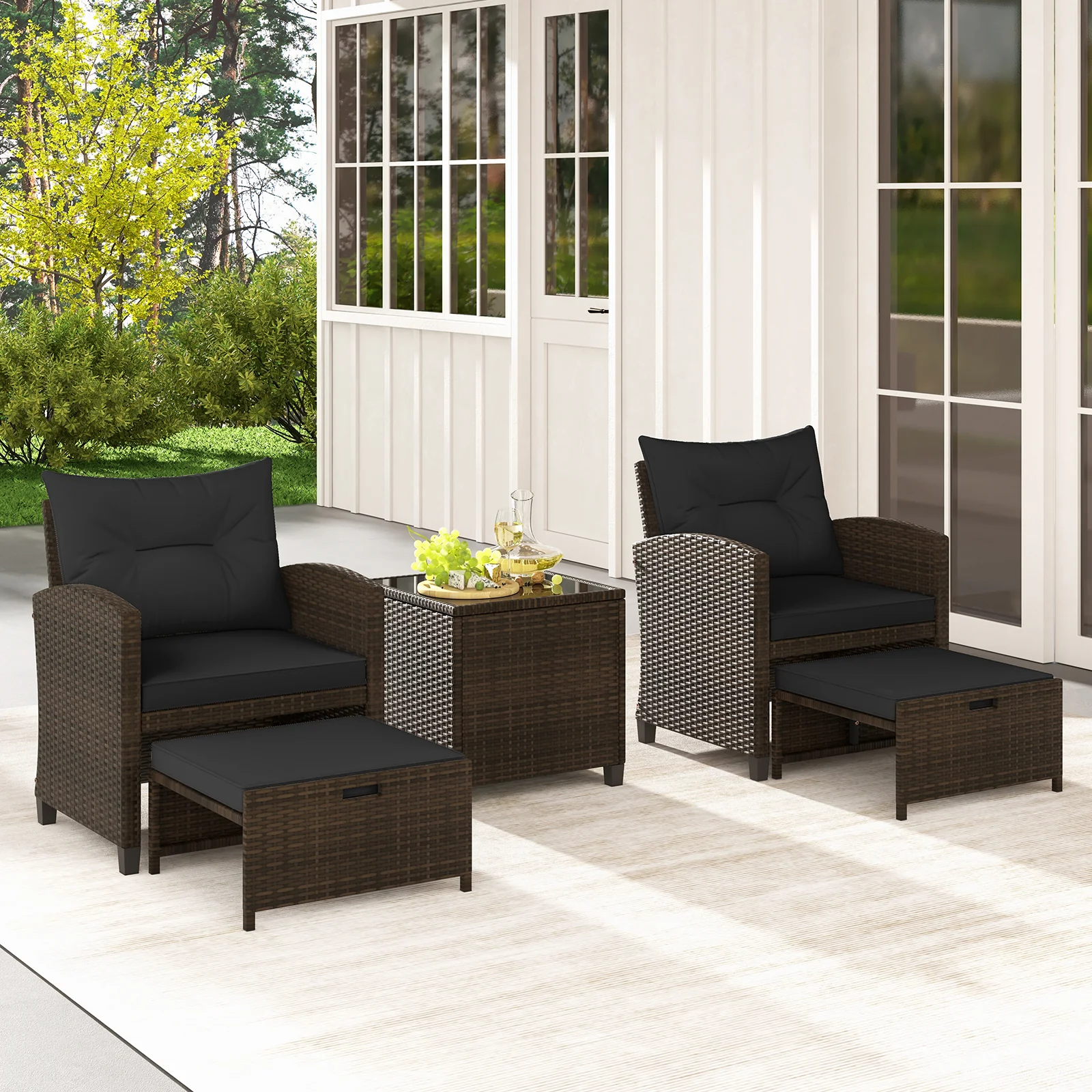 5 Pieces Patio Rattan Furniture with 2 Ottomans and Tempered Glass Coffee Table, Black - Image 3