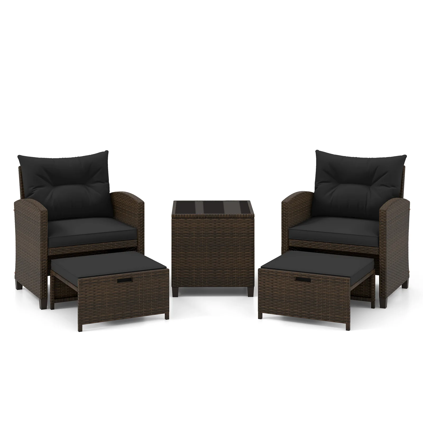5 Pieces Patio Rattan Furniture with 2 Ottomans and Tempered Glass Coffee Table, Black - Image 5