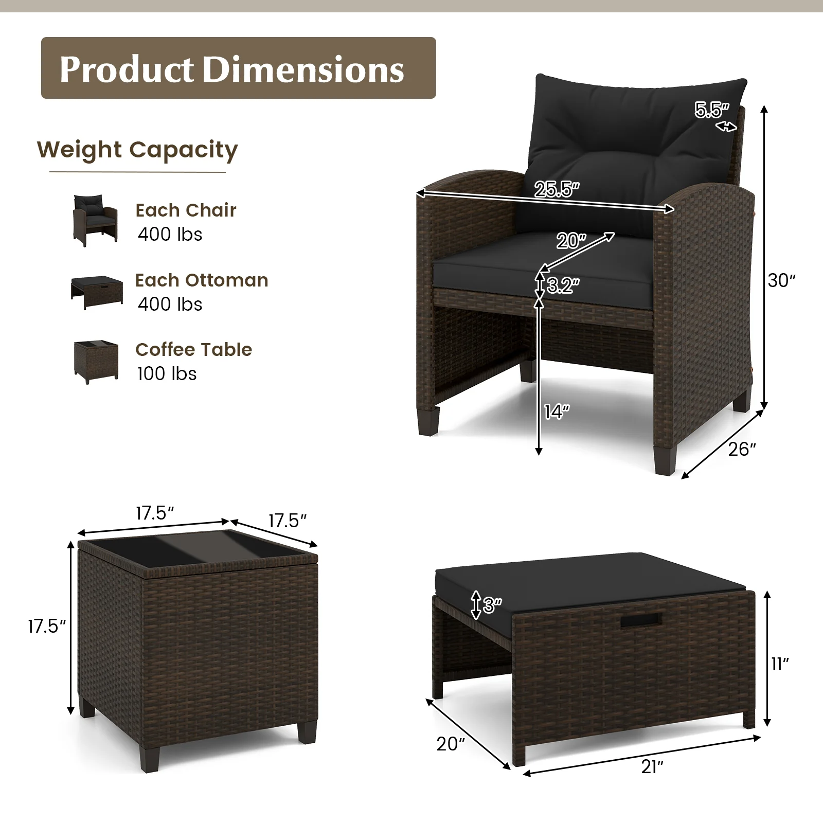 5 Pieces Patio Rattan Furniture with 2 Ottomans and Tempered Glass Coffee Table, Black - Image 6