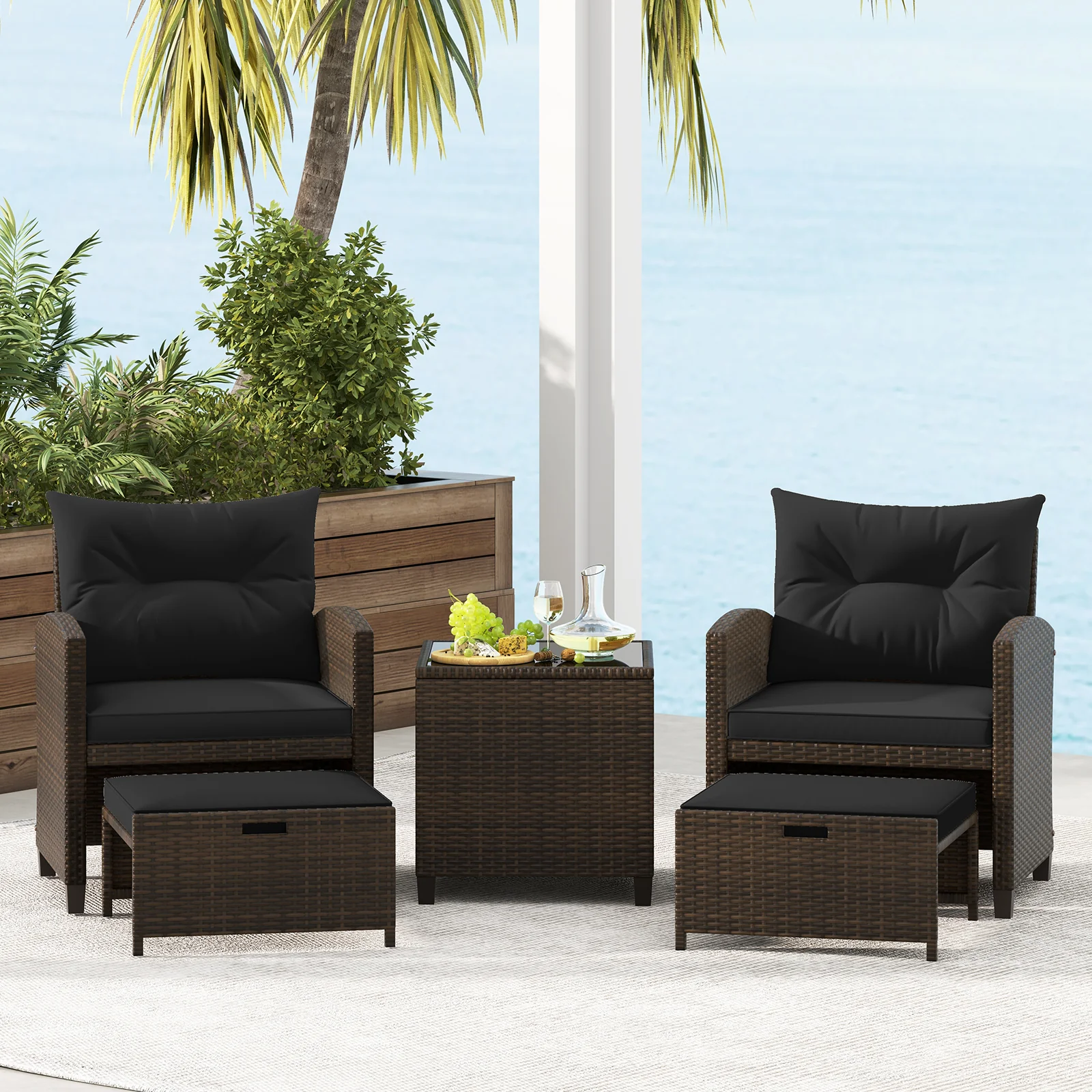 5 Pieces Patio Rattan Furniture with 2 Ottomans and Tempered Glass Coffee Table, Black - Image 7