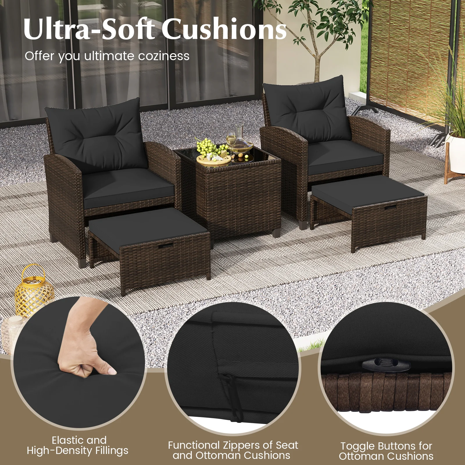 5 Pieces Patio Rattan Furniture with 2 Ottomans and Tempered Glass Coffee Table, Black - Image 8