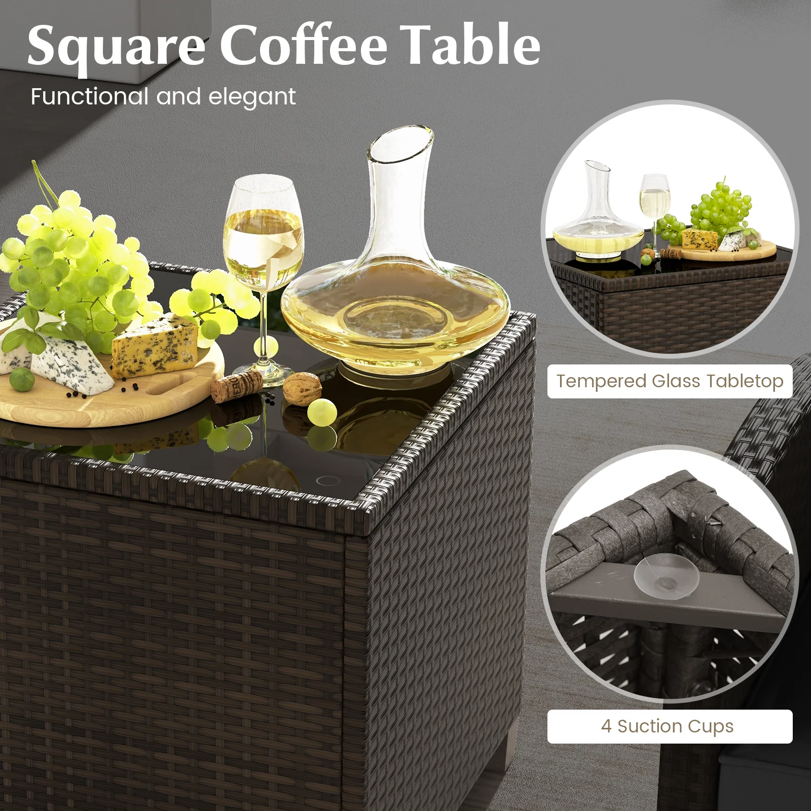 5 Pieces Patio Rattan Furniture with 2 Ottomans and Tempered Glass Coffee Table, Black - Image 9