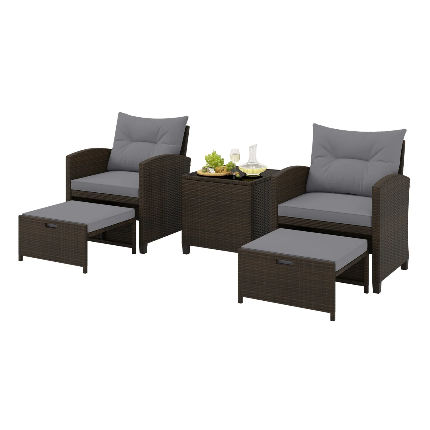5 Pieces Patio Rattan Furniture with 2 Ottomans and Tempered Glass Coffee Table, Gray