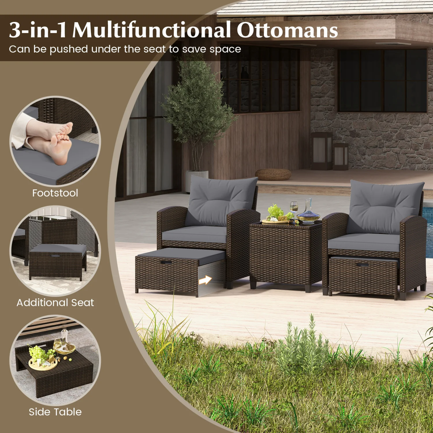 5 Pieces Patio Rattan Furniture with 2 Ottomans and Tempered Glass Coffee Table, Gray - Image 10