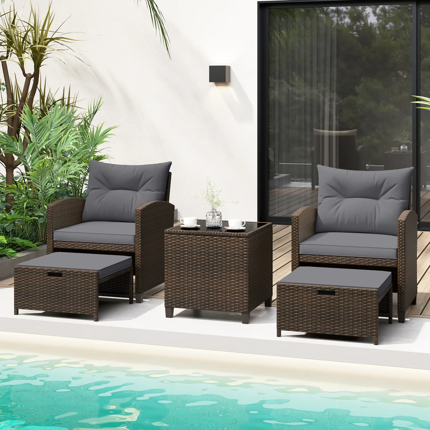 5 Pieces Patio Rattan Furniture with 2 Ottomans and Tempered Glass Coffee Table, Gray - Image 2