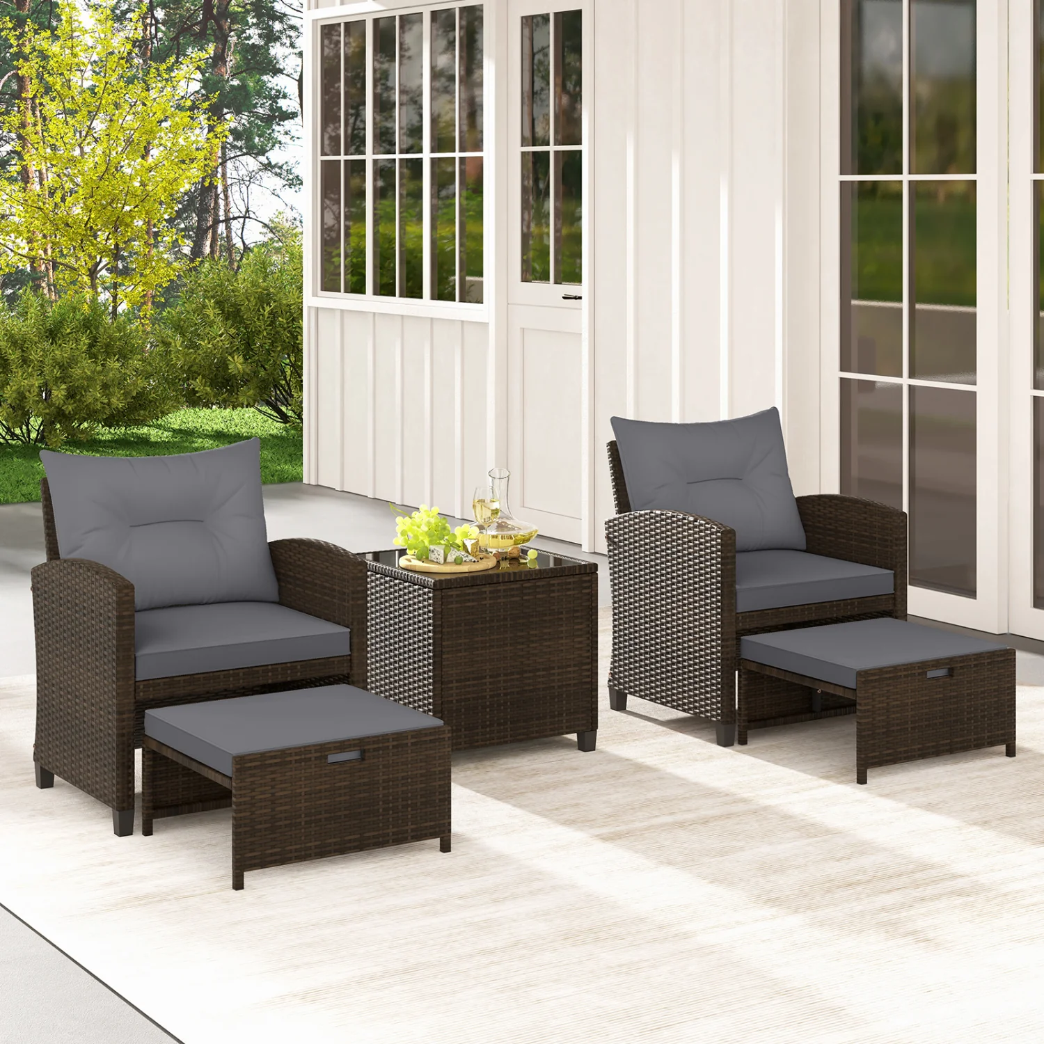 5 Pieces Patio Rattan Furniture with 2 Ottomans and Tempered Glass Coffee Table, Gray - Image 3