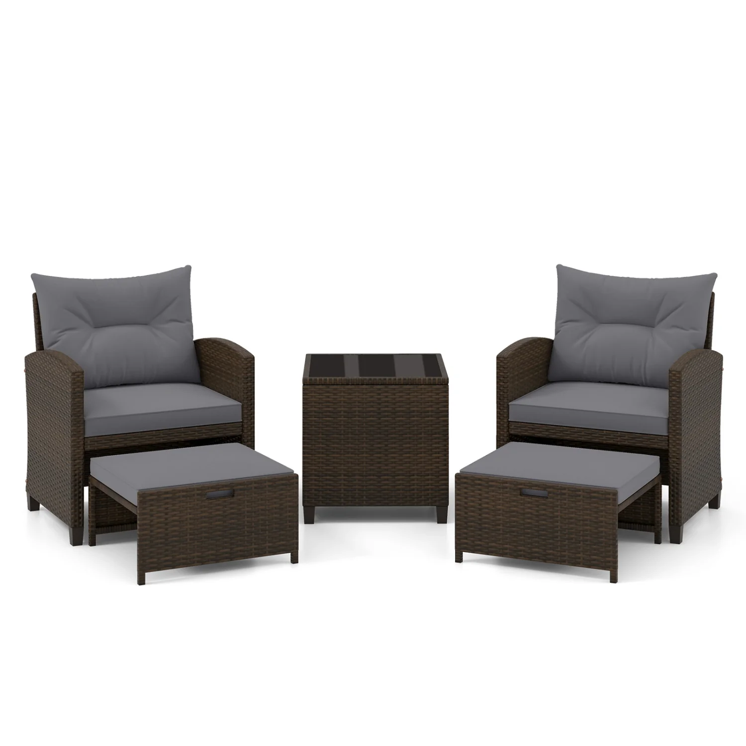 5 Pieces Patio Rattan Furniture with 2 Ottomans and Tempered Glass Coffee Table, Gray - Image 5