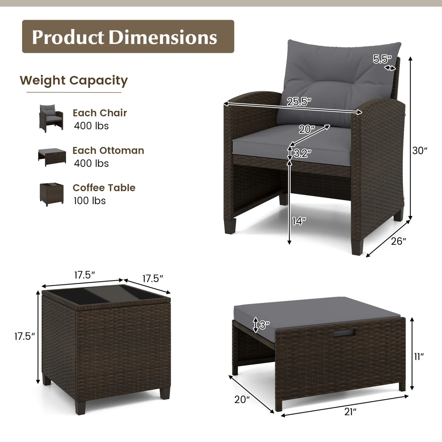 5 Pieces Patio Rattan Furniture with 2 Ottomans and Tempered Glass Coffee Table, Gray - Image 6